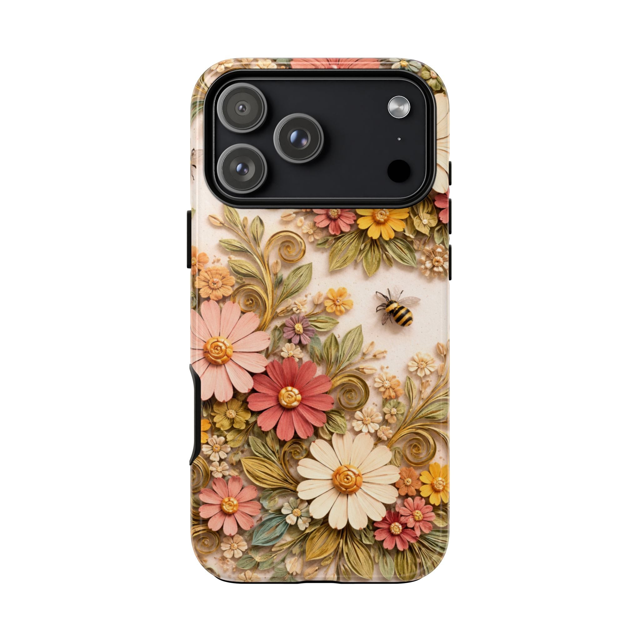 Floral Daisies Tough Phone Case — Vintage Garden Butterflies & Bees Protective Cover