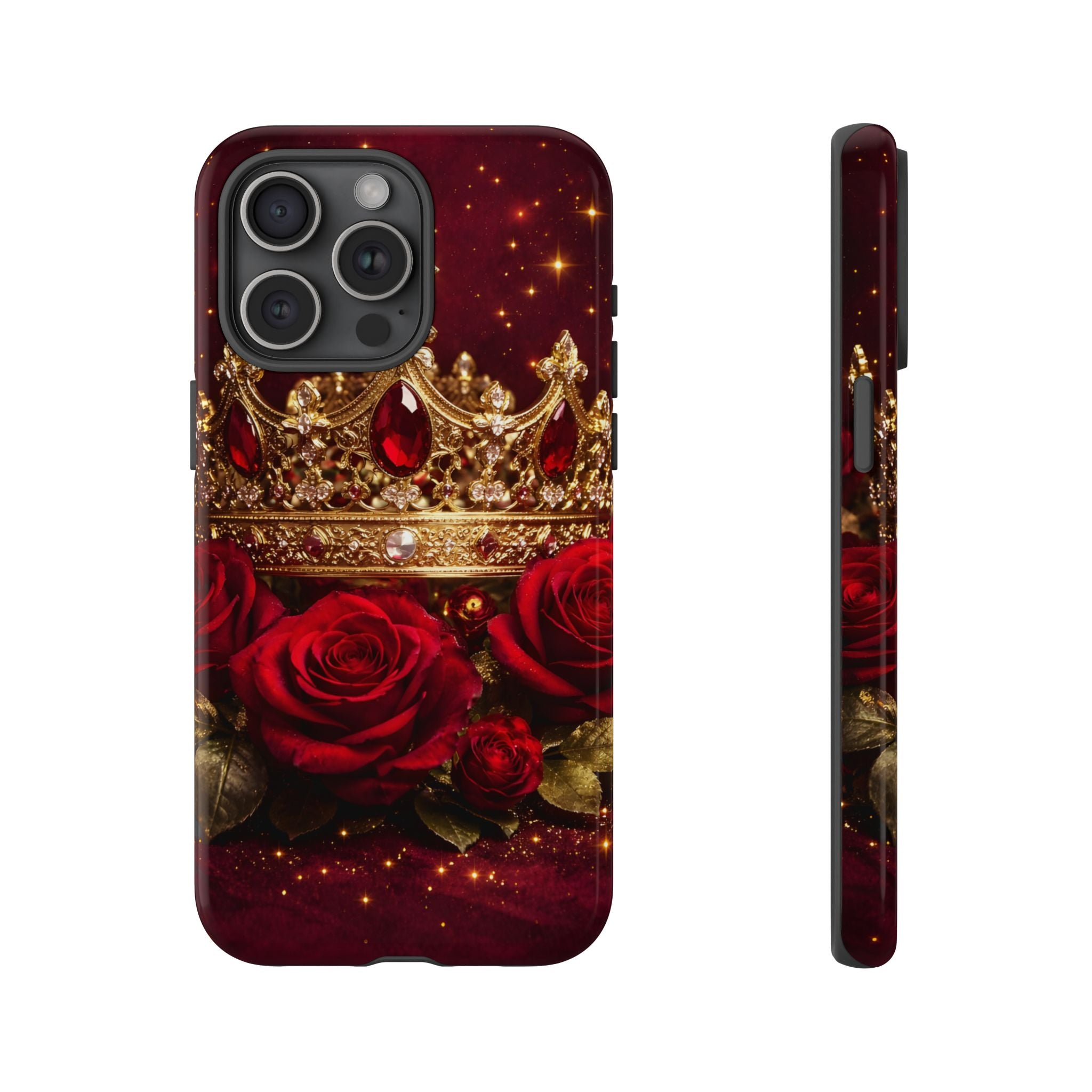 Royal Crown & Red Rose Luxury Phone Case – Gold Crown Burgundy Aesthetic iPhone Case, Regal Queen Floral Phone Cover