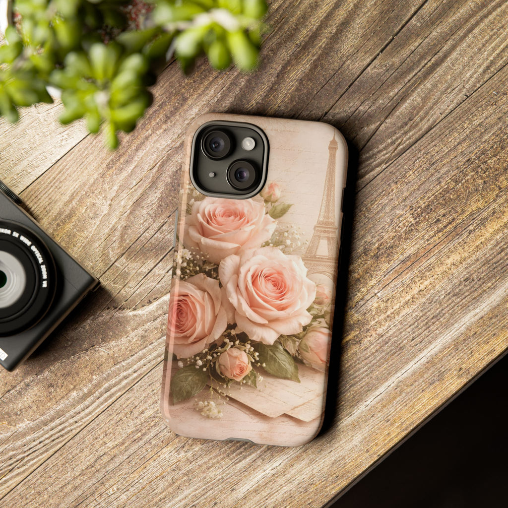Vintage Parisian Rose Phone Case – Eiffel Tower Floral Aesthetic Luxury iPhone Case, Romantic Antique Paris Phone Cover