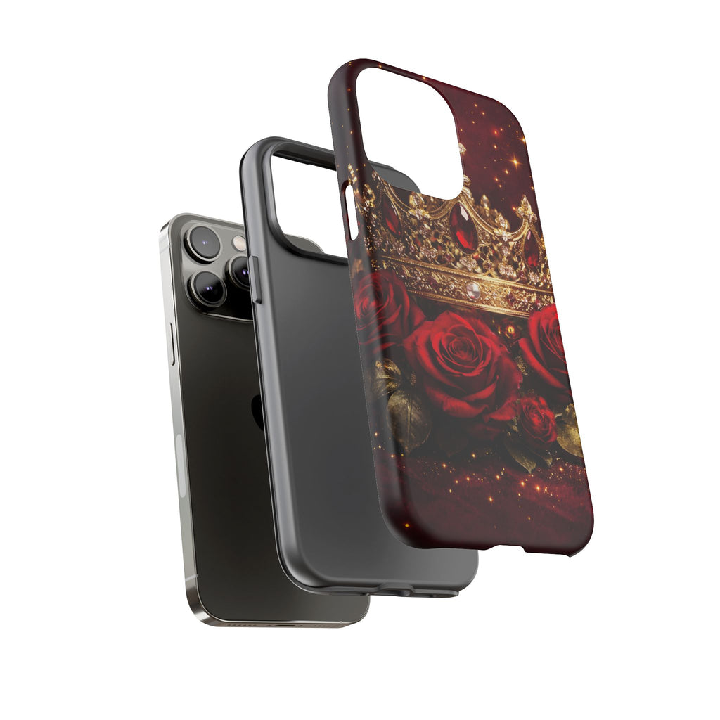 Royal Crown & Red Rose Luxury Phone Case – Gold Crown Burgundy Aesthetic iPhone Case, Regal Queen Floral Phone Cover