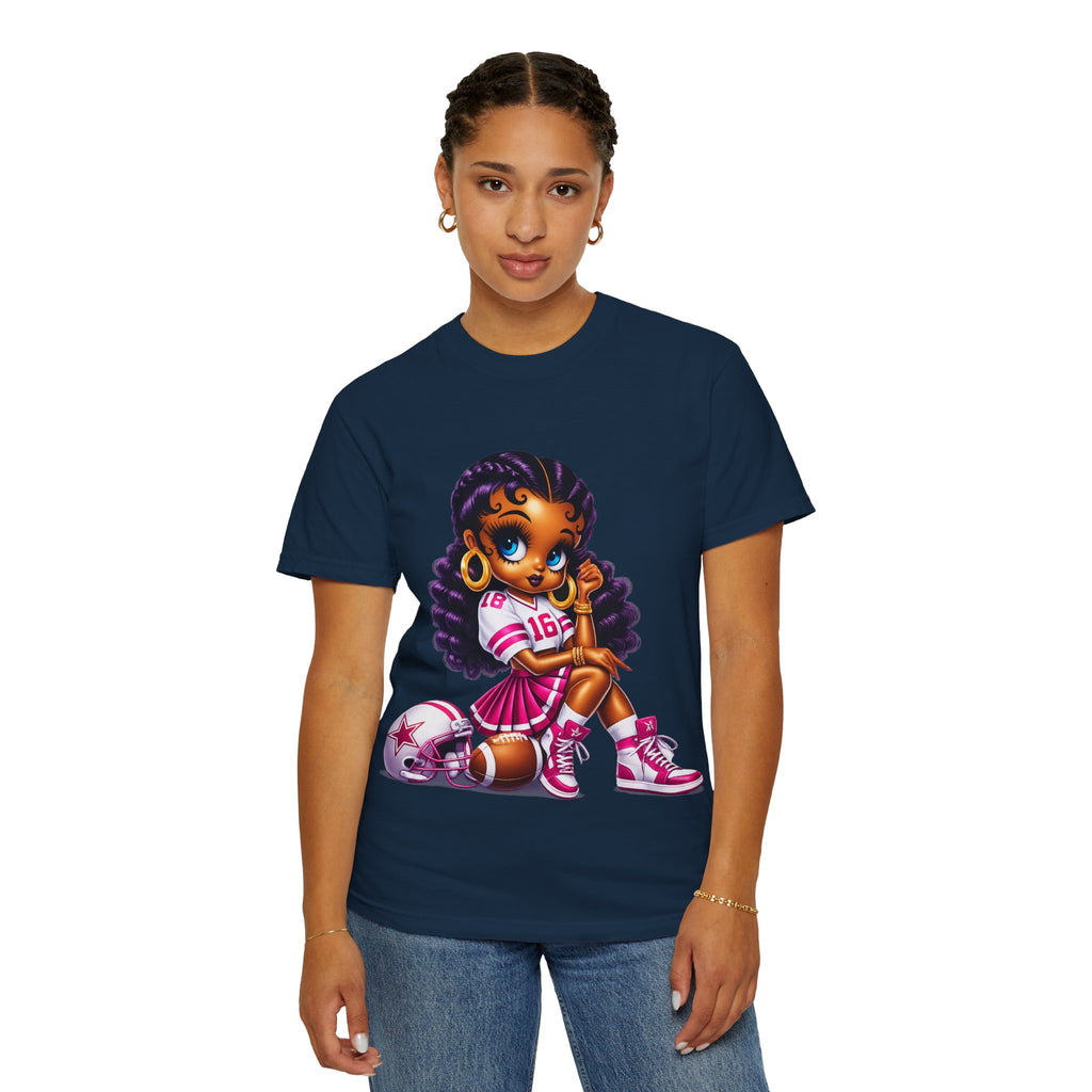 Fuchsia Football Girl Shirt – Cute Black Girl Sports Graphic Tee, Pink Cheerleader Outfit, Trendy Game Day Women’s Shirt, Girly Athlete T-Shirt