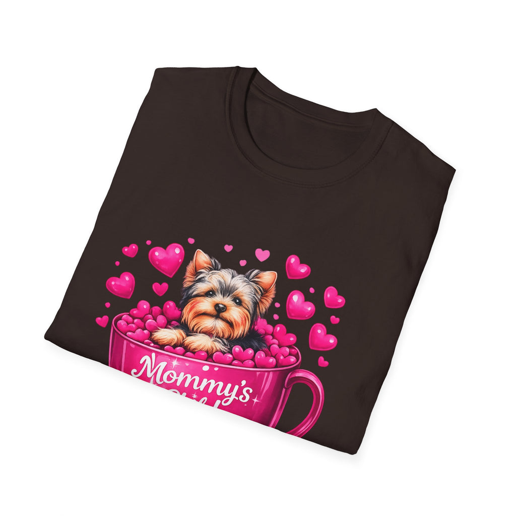 Mommy’s Child Yorkie Shirt – Cute Puppy in Mug Graphic Tee, Dog Lover Gift, Pink Heart Aesthetic, Yorkshire Terrier T-Shirt for Women