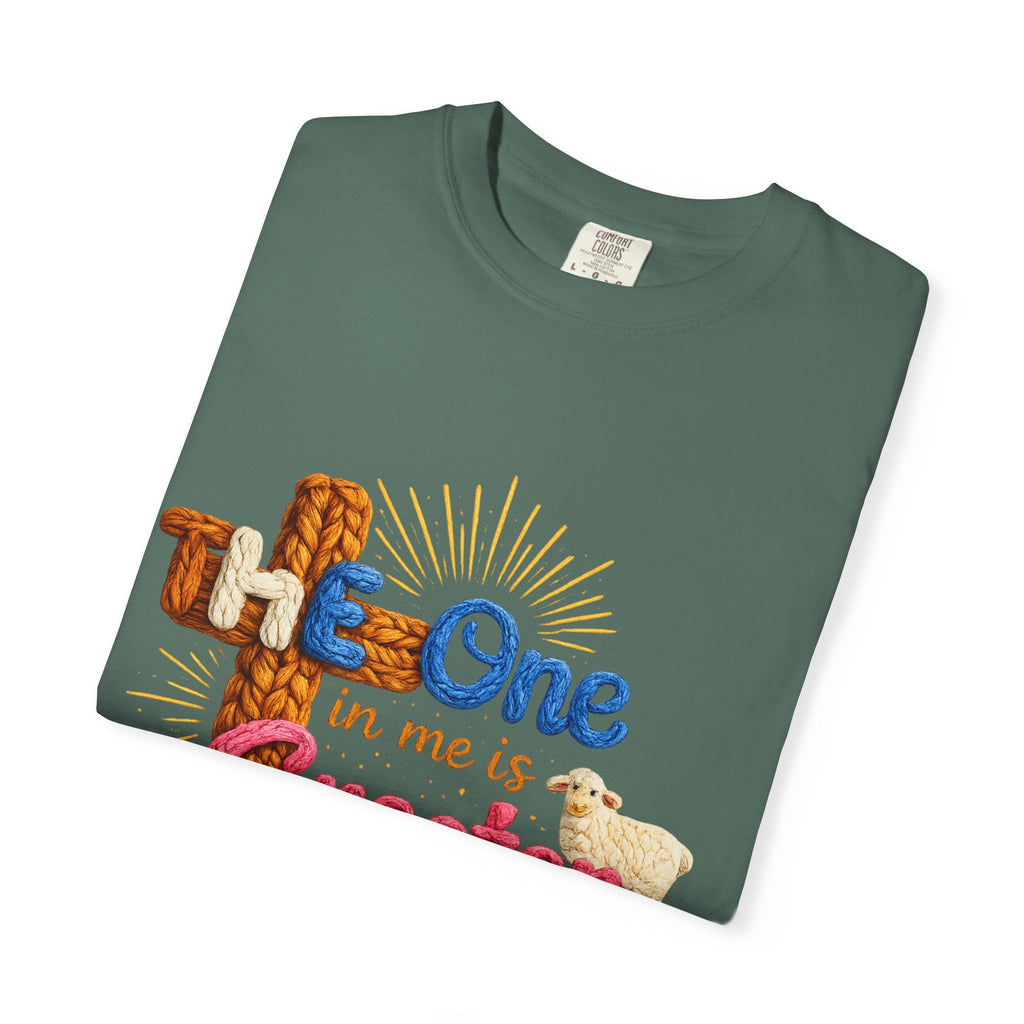 The One in Me Is Greater Shirt – Christian Crochet Style Graphic Tee, Faith Based Inspirational Bible Verse Shirt, Cute Religious Gift for Women