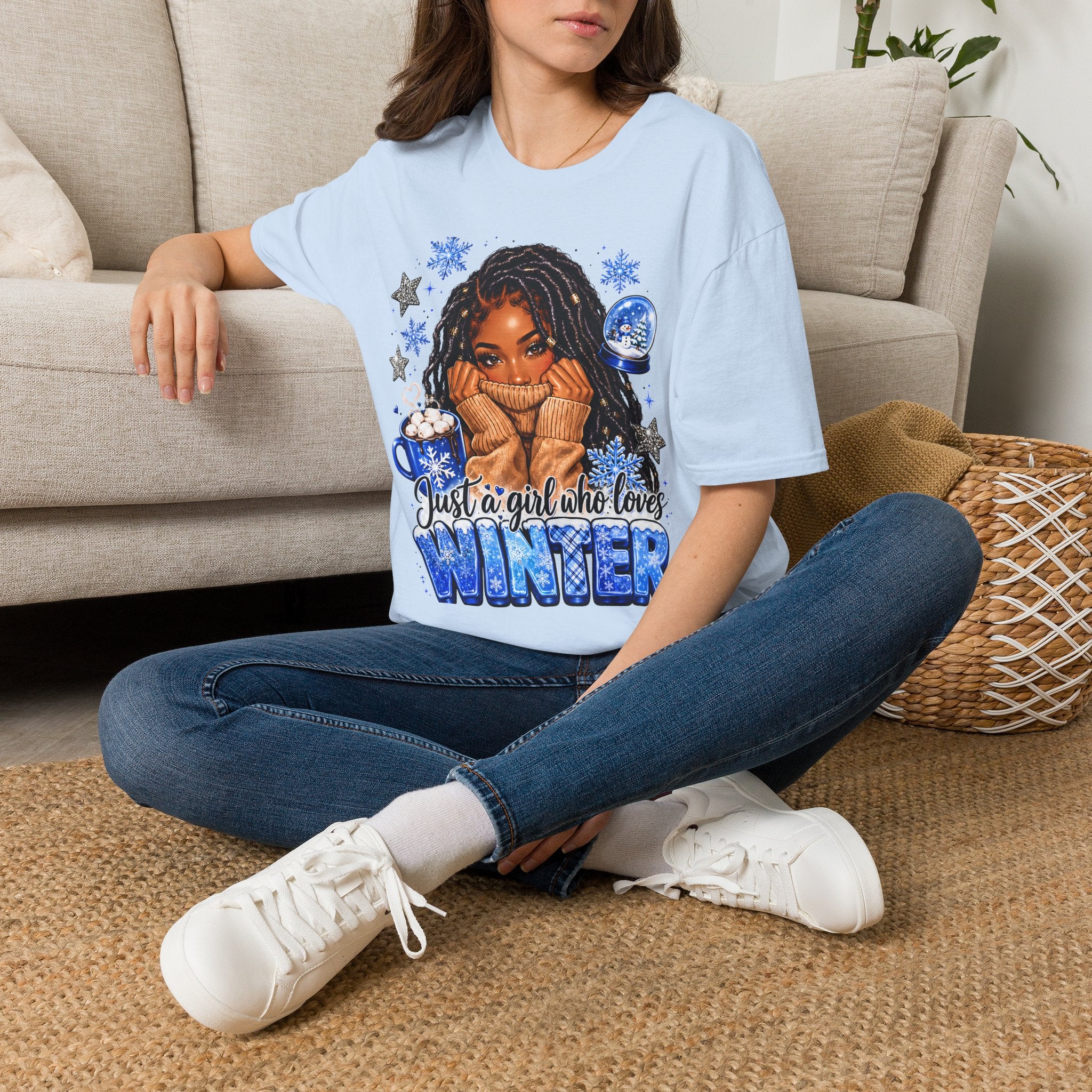 Just a Girl Who Loves Winter Shirt, Cozy Winter Graphic Tee, Snowflake Hot Cocoa Shirt, Winter Lover T-Shirt, Cute Christmas Winter Tee