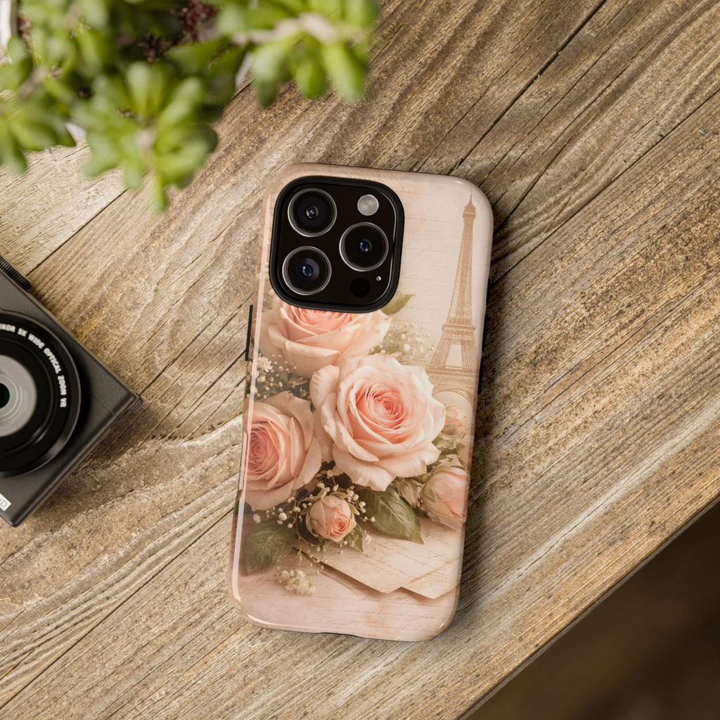 Vintage Parisian Rose Phone Case – Eiffel Tower Floral Aesthetic Luxury iPhone Case, Romantic Antique Paris Phone Cover