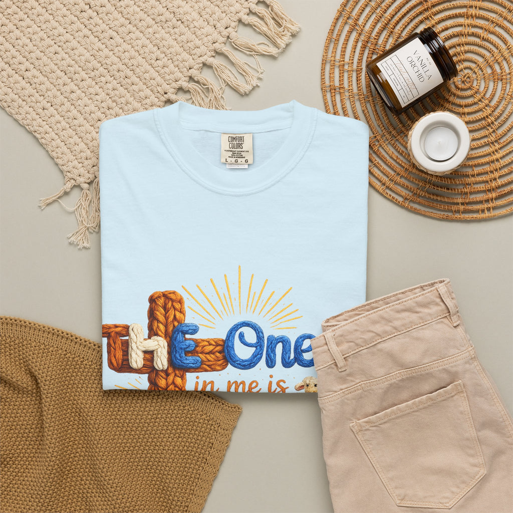 The One in Me Is Greater Shirt – Christian Crochet Style Graphic Tee, Faith Based Inspirational Bible Verse Shirt, Cute Religious Gift for Women