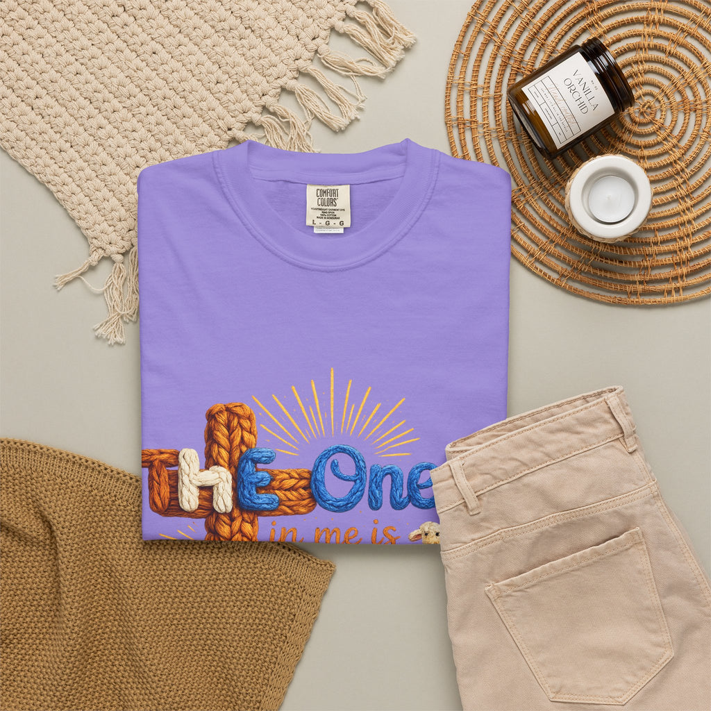 The One in Me Is Greater Shirt – Christian Crochet Style Graphic Tee, Faith Based Inspirational Bible Verse Shirt, Cute Religious Gift for Women