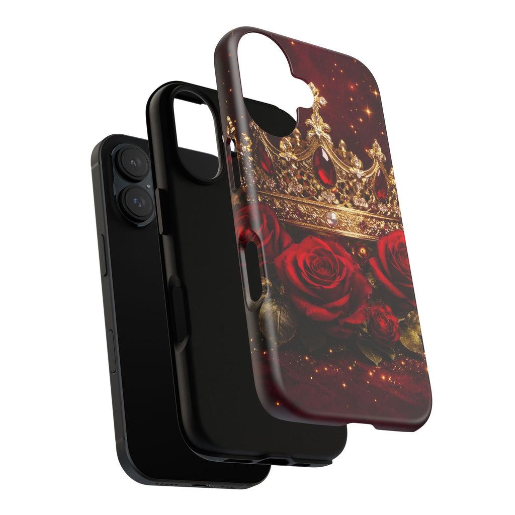 Royal Crown & Red Rose Luxury Phone Case – Gold Crown Burgundy Aesthetic iPhone Case, Regal Queen Floral Phone Cover