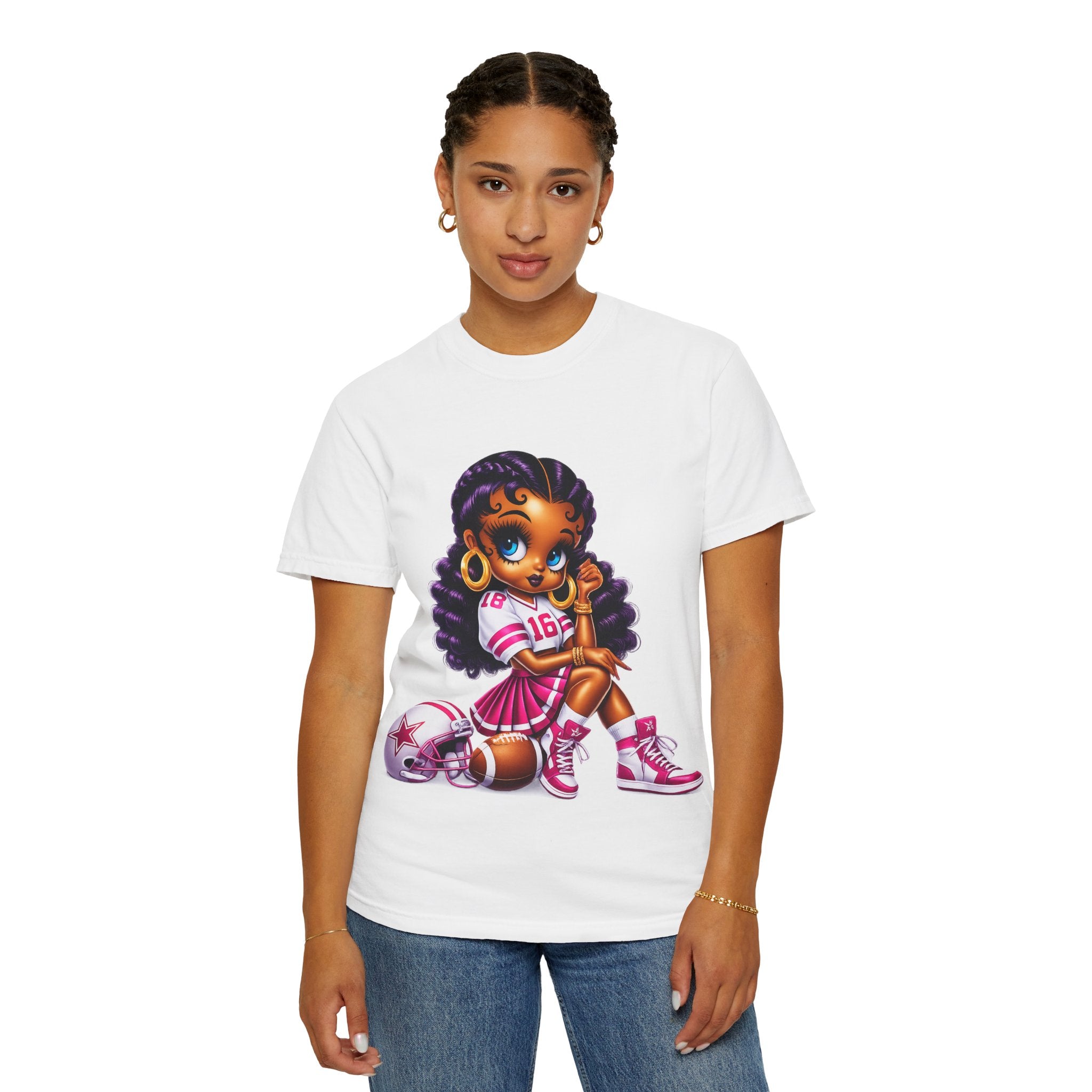Fuchsia Football Girl Shirt – Cute Black Girl Sports Graphic Tee, Pink Cheerleader Outfit, Trendy Game Day Women’s Shirt, Girly Athlete T-Shirt