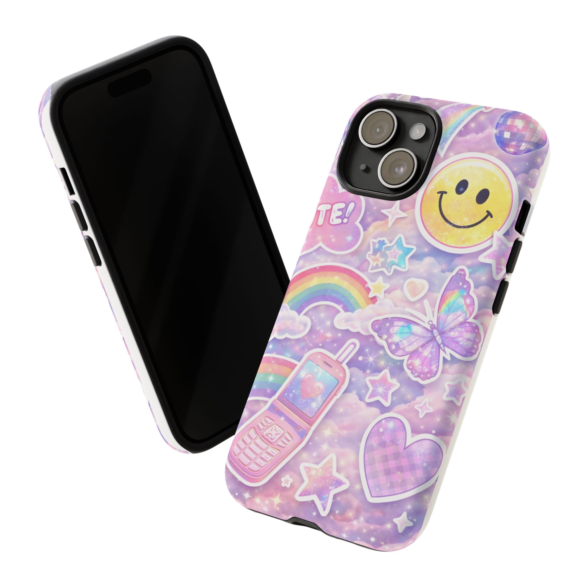 Pastel Y2K Tough Case — Cute Smiley, Rainbow & Butterfly Phone Case