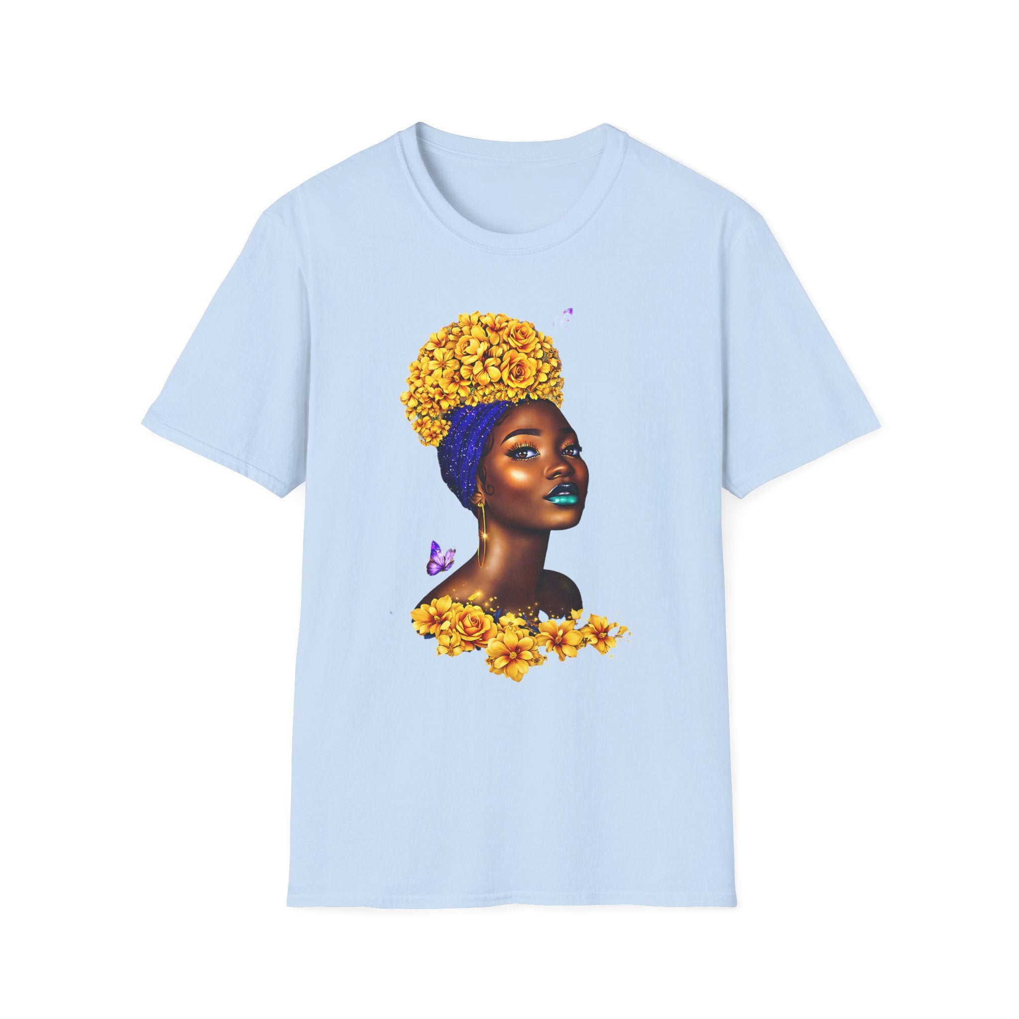 Floral Crown Portrait T-Shirt — Afrocentric Art Tee with Yellow Flower Headwrap