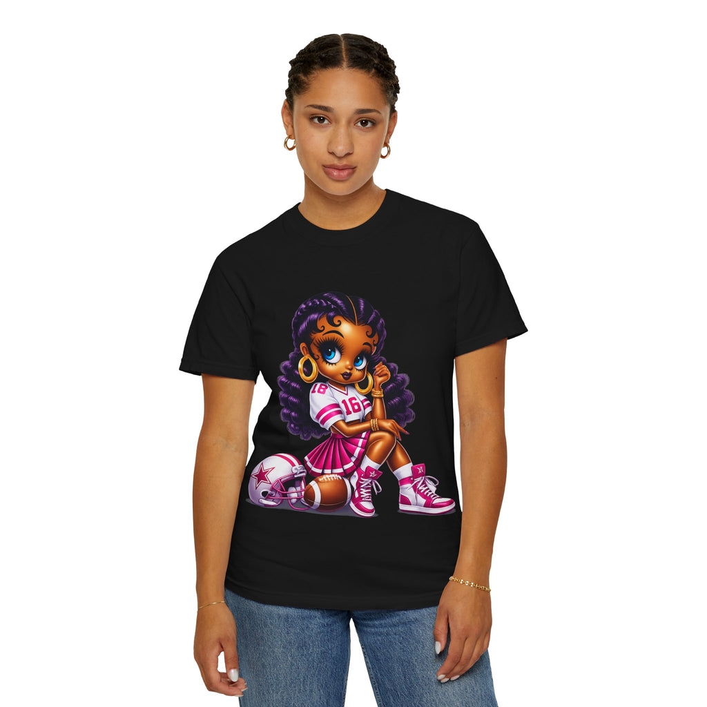 Fuchsia Football Girl Shirt – Cute Black Girl Sports Graphic Tee, Pink Cheerleader Outfit, Trendy Game Day Women’s Shirt, Girly Athlete T-Shirt