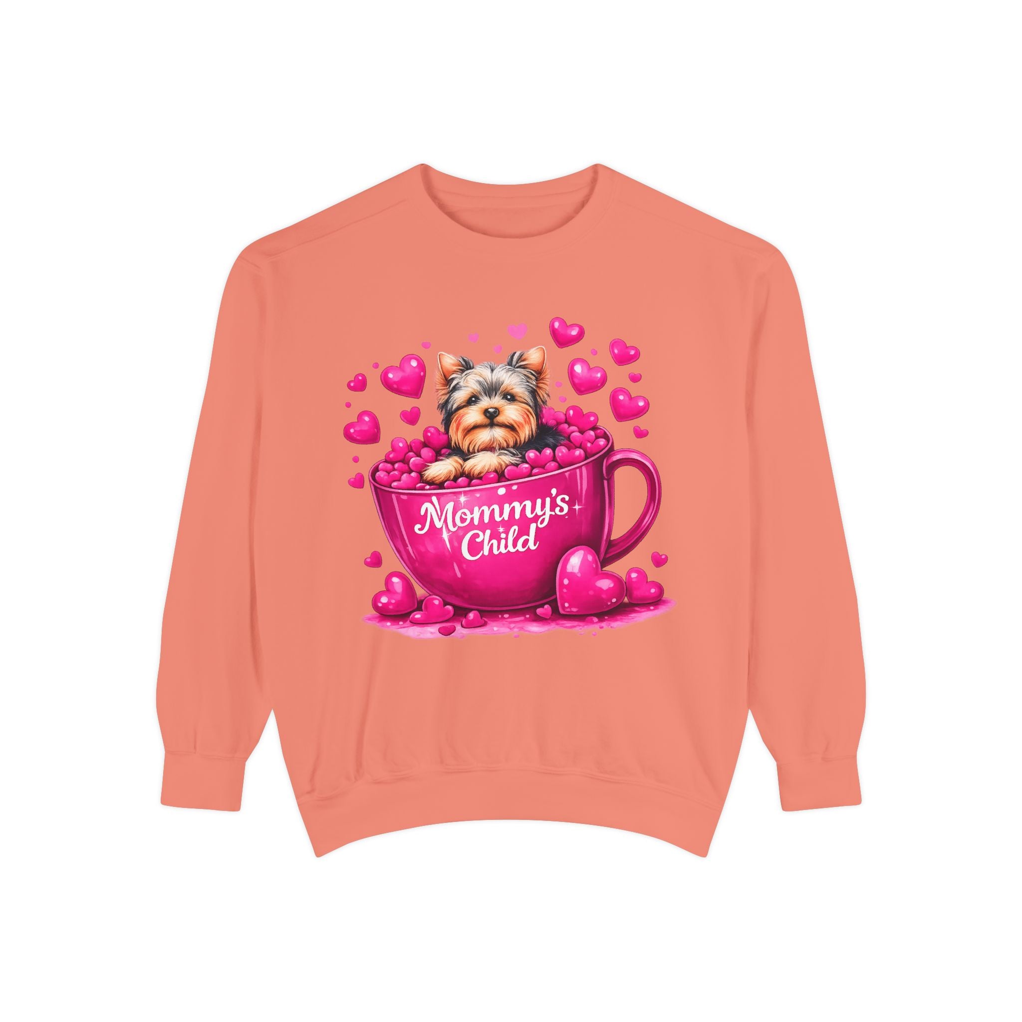 Mommy’s Child Yorkie Shirt – Cute Puppy in Mug Graphic Tee, Dog Lover Gift, Pink Heart Aesthetic, Yorkshire Terrier T-Shirt for Women