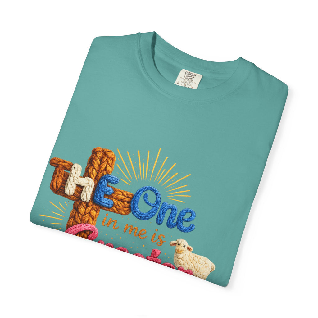 The One in Me Is Greater Shirt – Christian Crochet Style Graphic Tee, Faith Based Inspirational Bible Verse Shirt, Cute Religious Gift for Women