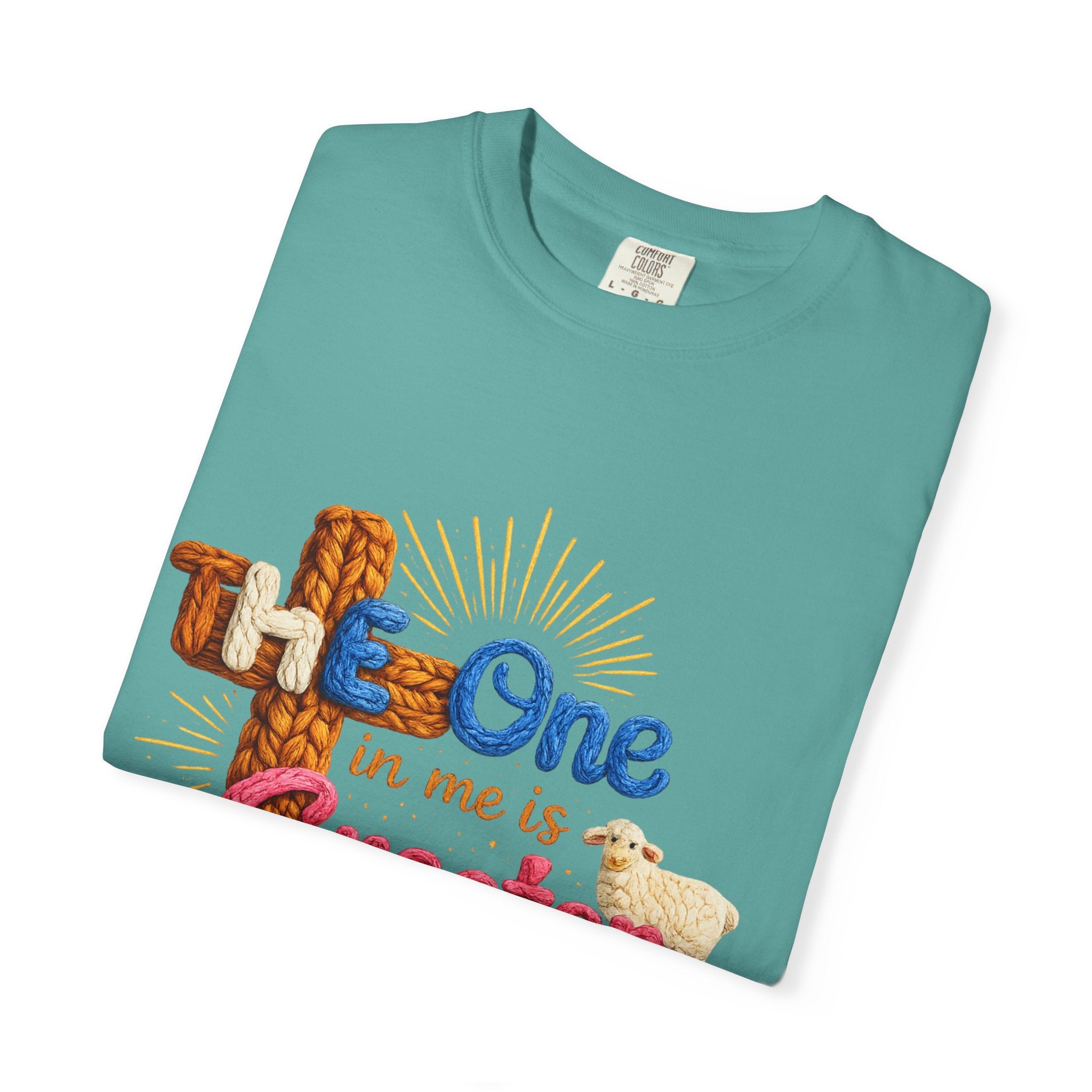 The One in Me Is Greater Shirt – Christian Crochet Style Graphic Tee, Faith Based Inspirational Bible Verse Shirt, Cute Religious Gift for Women
