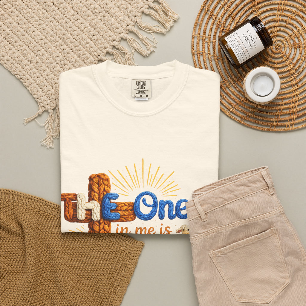 The One in Me Is Greater Shirt – Christian Crochet Style Graphic Tee, Faith Based Inspirational Bible Verse Shirt, Cute Religious Gift for Women