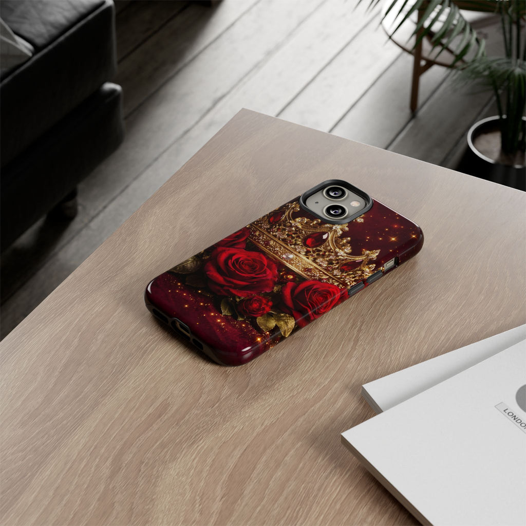 Royal Crown & Red Rose Luxury Phone Case – Gold Crown Burgundy Aesthetic iPhone Case, Regal Queen Floral Phone Cover