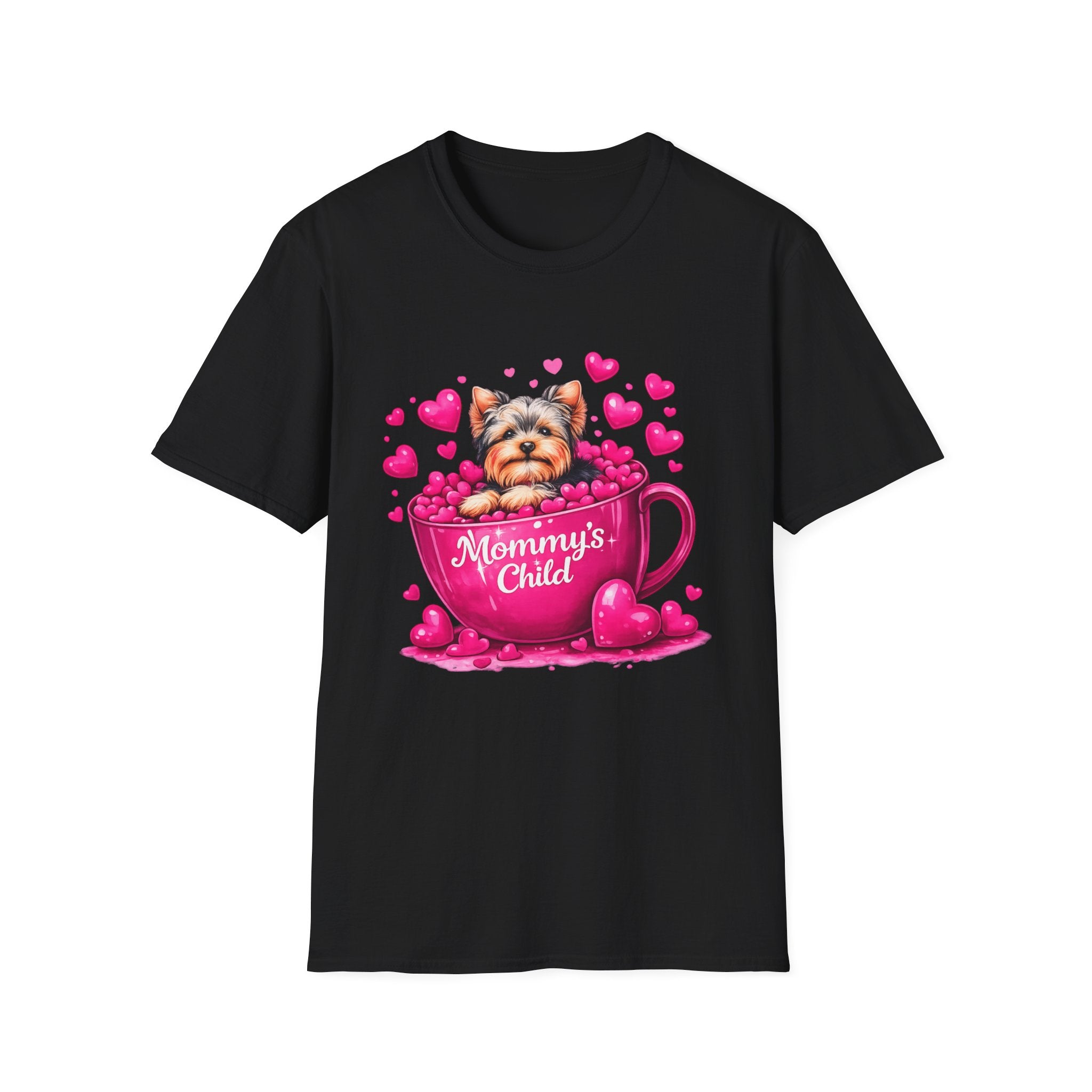 Mommy’s Child Yorkie Shirt – Cute Puppy in Mug Graphic Tee, Dog Lover Gift, Pink Heart Aesthetic, Yorkshire Terrier T-Shirt for Women