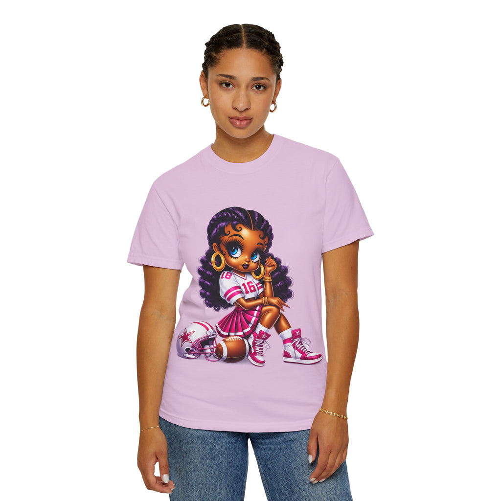 Fuchsia Football Girl Shirt – Cute Black Girl Sports Graphic Tee, Pink Cheerleader Outfit, Trendy Game Day Women’s Shirt, Girly Athlete T-Shirt