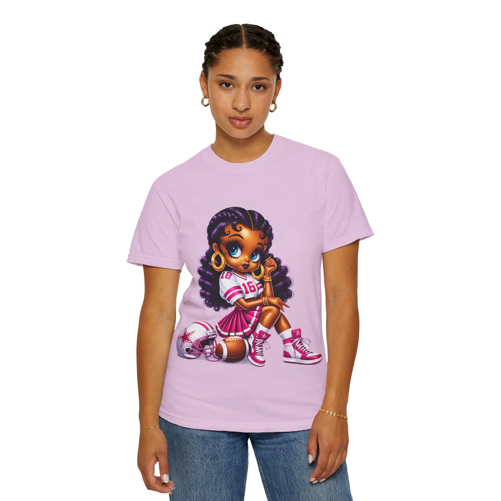 Fuchsia Football Girl Shirt – Cute Black Girl Sports Graphic Tee, Pink Cheerleader Outfit, Trendy Game Day Women’s Shirt, Girly Athlete T-Shirt