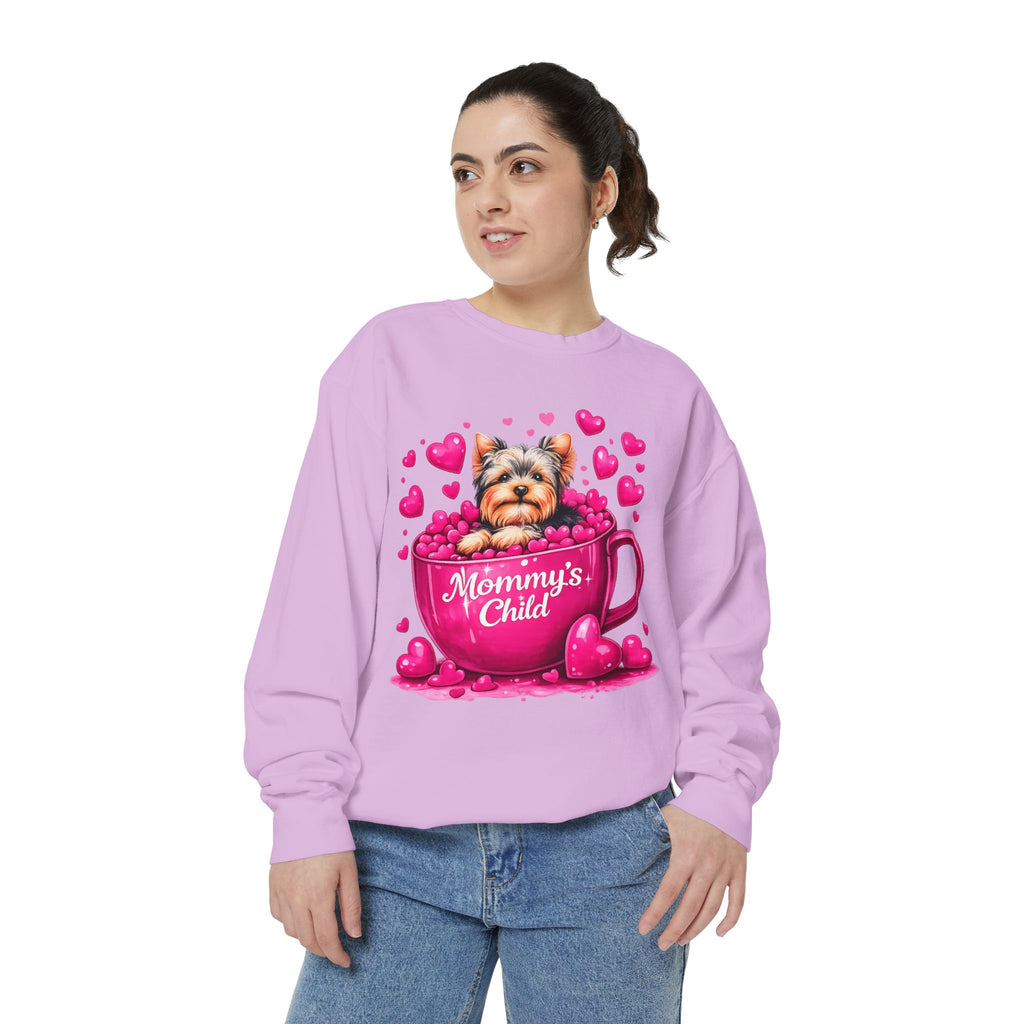 Mommy’s Child Yorkie Shirt – Cute Puppy in Mug Graphic Tee, Dog Lover Gift, Pink Heart Aesthetic, Yorkshire Terrier T-Shirt for Women