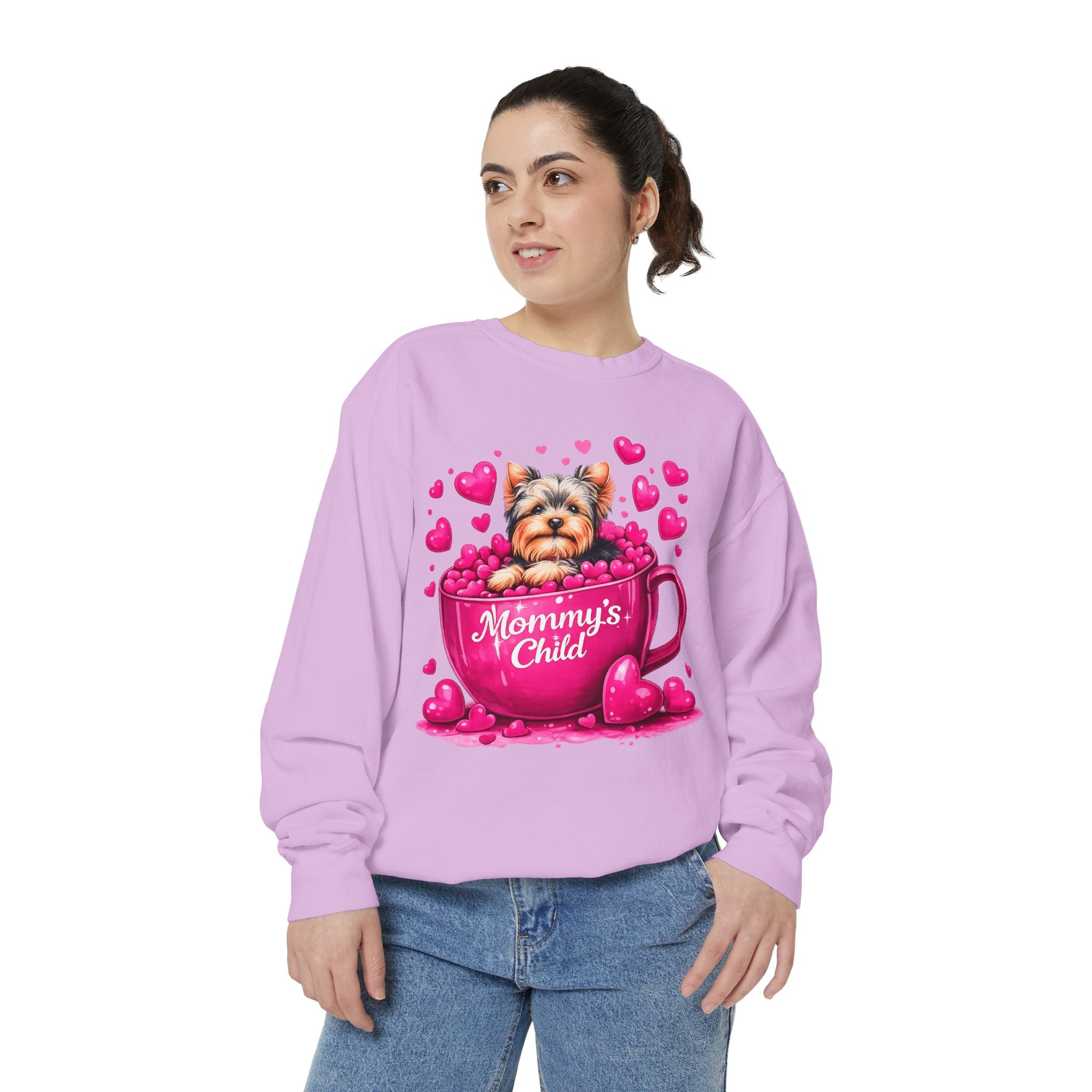 Mommy’s Child Yorkie Shirt – Cute Puppy in Mug Graphic Tee, Dog Lover Gift, Pink Heart Aesthetic, Yorkshire Terrier T-Shirt for Women