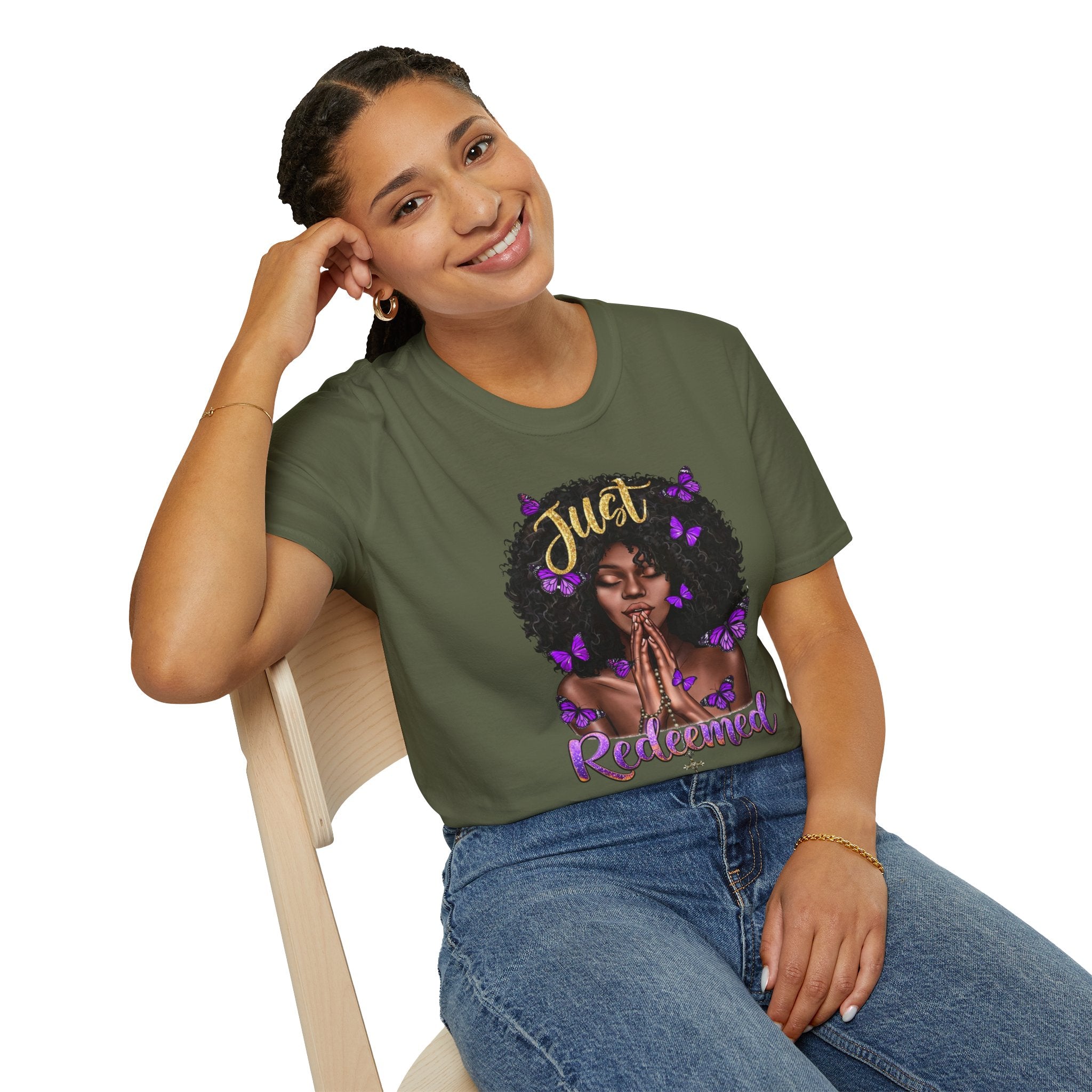 Redeemed Christian Afro Woman T-Shirt – Faith-Based Butterfly Design, Inspirational Black Woman Graphic Tee, Spiritual Gift for Women