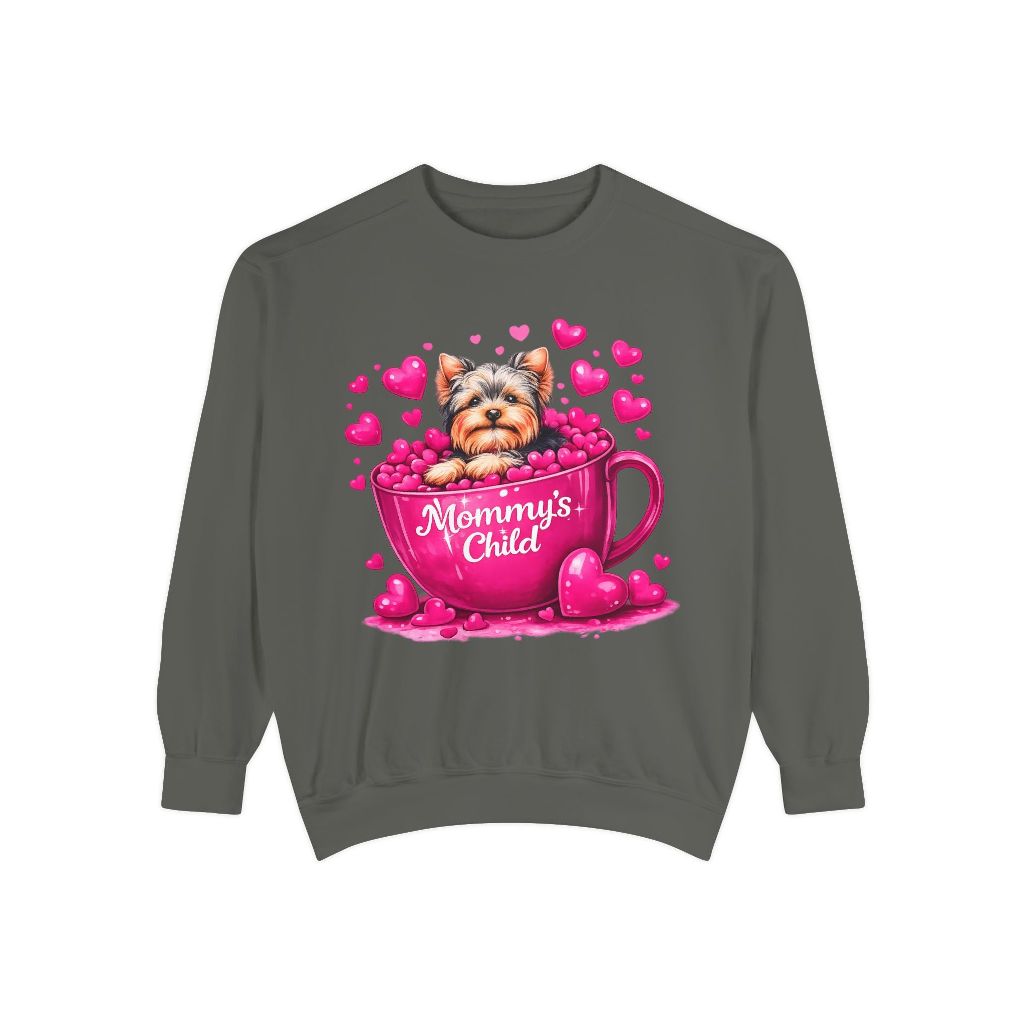 Mommy’s Child Yorkie Shirt – Cute Puppy in Mug Graphic Tee, Dog Lover Gift, Pink Heart Aesthetic, Yorkshire Terrier T-Shirt for Women