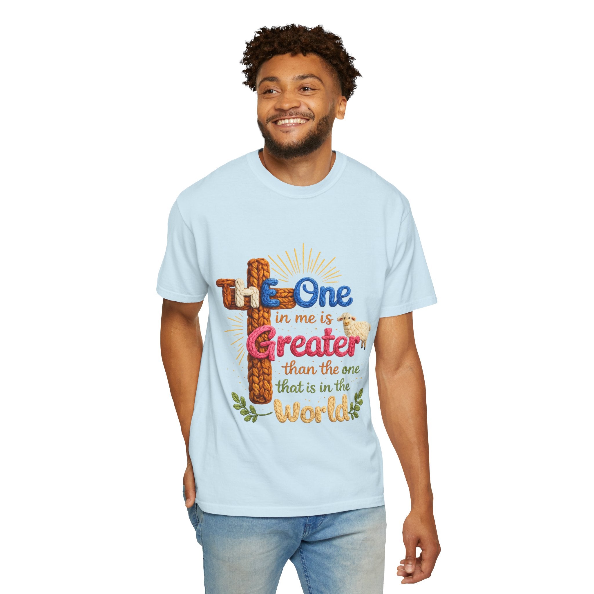 The One in Me Is Greater Shirt – Christian Crochet Style Graphic Tee, Faith Based Inspirational Bible Verse Shirt, Cute Religious Gift for Women