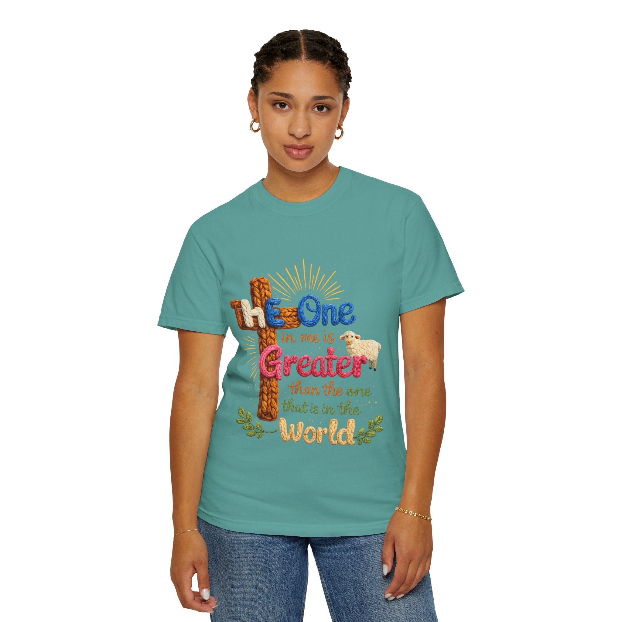 The One in Me Is Greater Shirt – Christian Crochet Style Graphic Tee, Faith Based Inspirational Bible Verse Shirt, Cute Religious Gift for Women