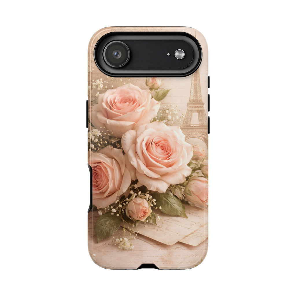 Vintage Parisian Rose Phone Case – Eiffel Tower Floral Aesthetic Luxury iPhone Case, Romantic Antique Paris Phone Cover