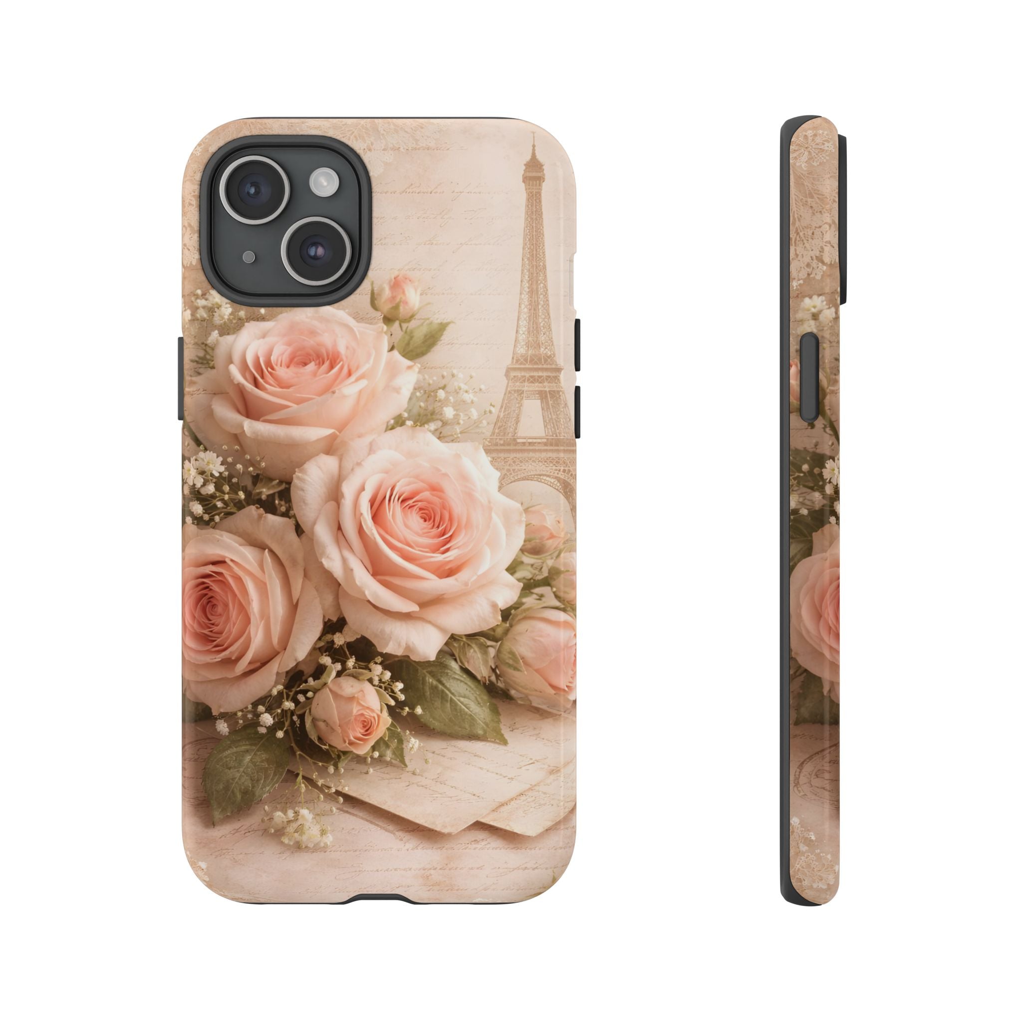 Vintage Parisian Rose Phone Case – Eiffel Tower Floral Aesthetic Luxury iPhone Case, Romantic Antique Paris Phone Cover