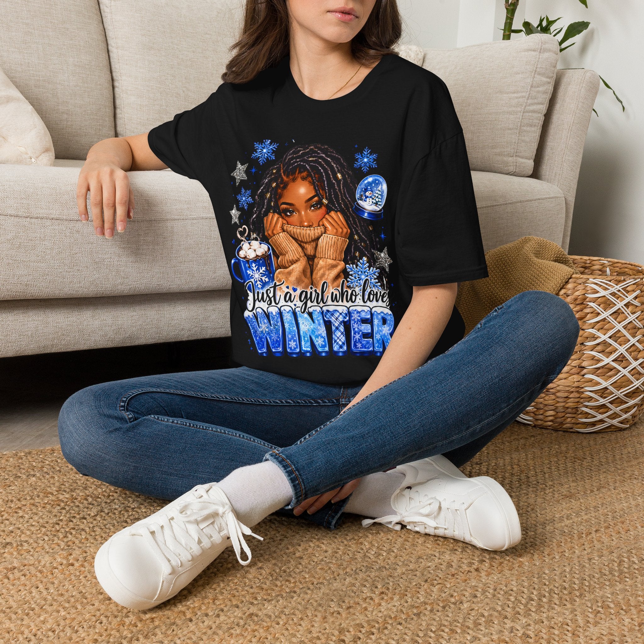 Just a Girl Who Loves Winter Shirt, Cozy Winter Graphic Tee, Snowflake Hot Cocoa Shirt, Winter Lover T-Shirt, Cute Christmas Winter Tee