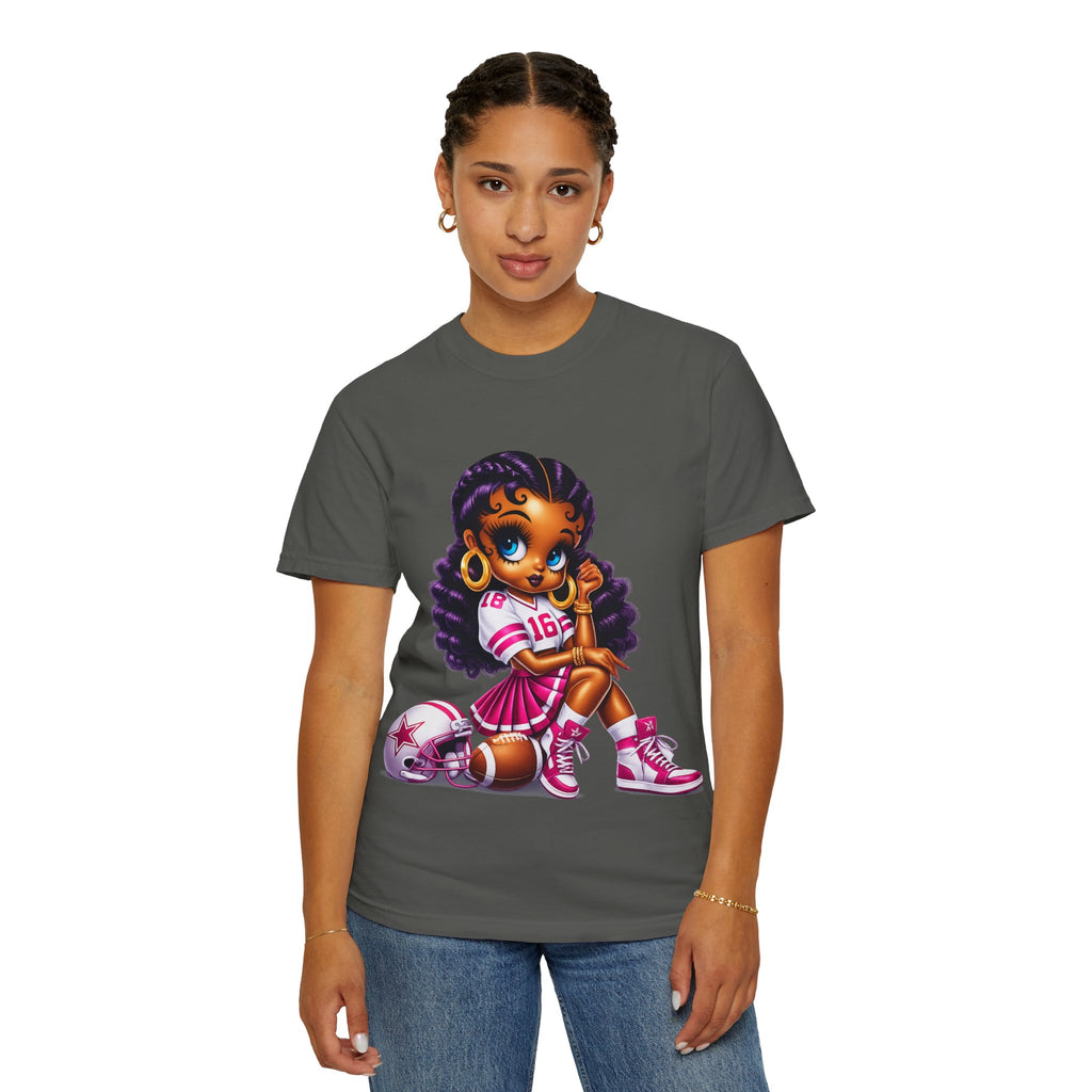 Fuchsia Football Girl Shirt – Cute Black Girl Sports Graphic Tee, Pink Cheerleader Outfit, Trendy Game Day Women’s Shirt, Girly Athlete T-Shirt