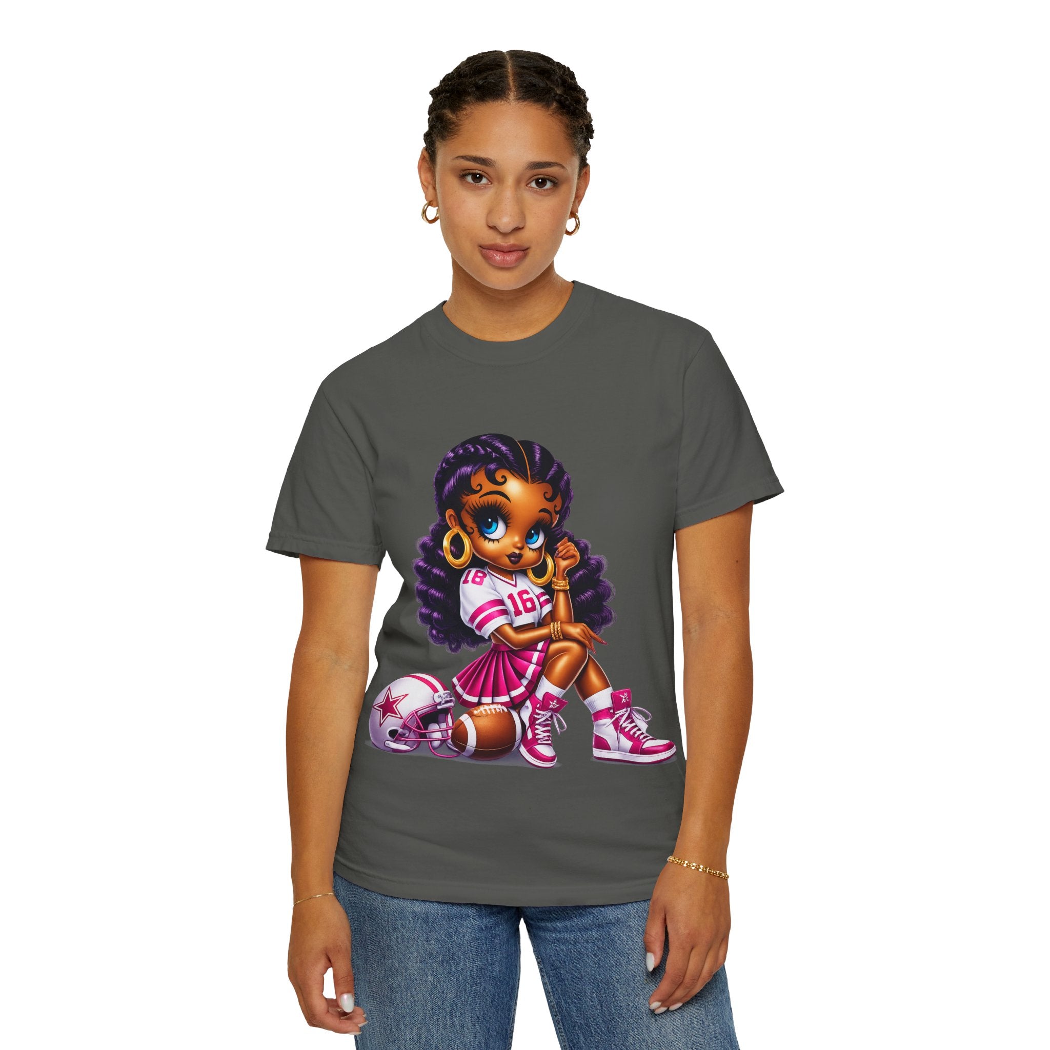 Fuchsia Football Girl Shirt – Cute Black Girl Sports Graphic Tee, Pink Cheerleader Outfit, Trendy Game Day Women’s Shirt, Girly Athlete T-Shirt