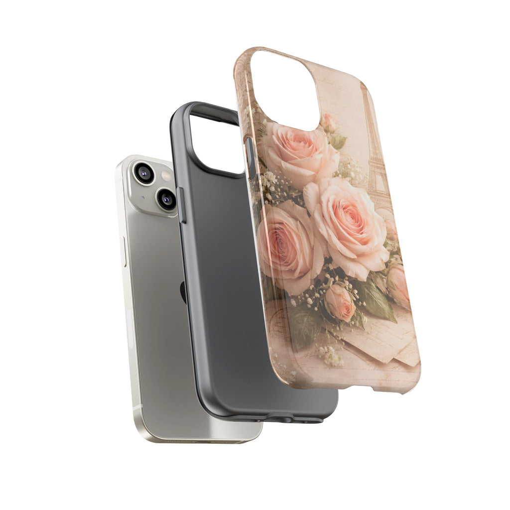 Vintage Parisian Rose Phone Case – Eiffel Tower Floral Aesthetic Luxury iPhone Case, Romantic Antique Paris Phone Cover