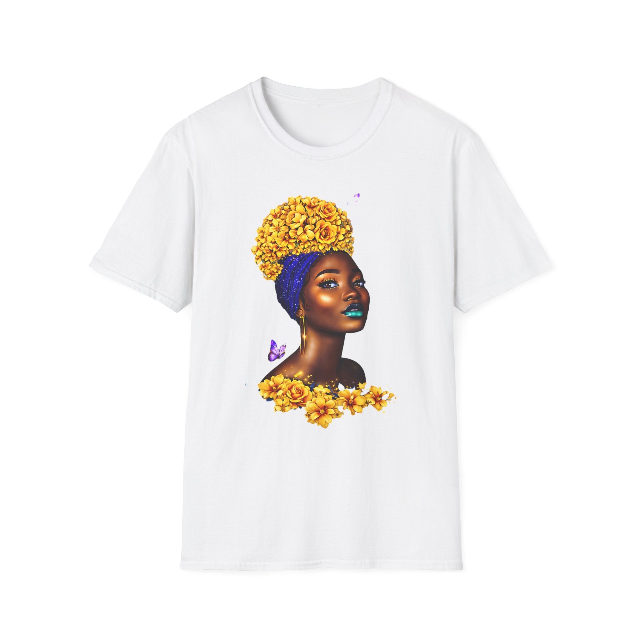 Floral Crown Portrait T-Shirt — Afrocentric Art Tee with Yellow Flower Headwrap