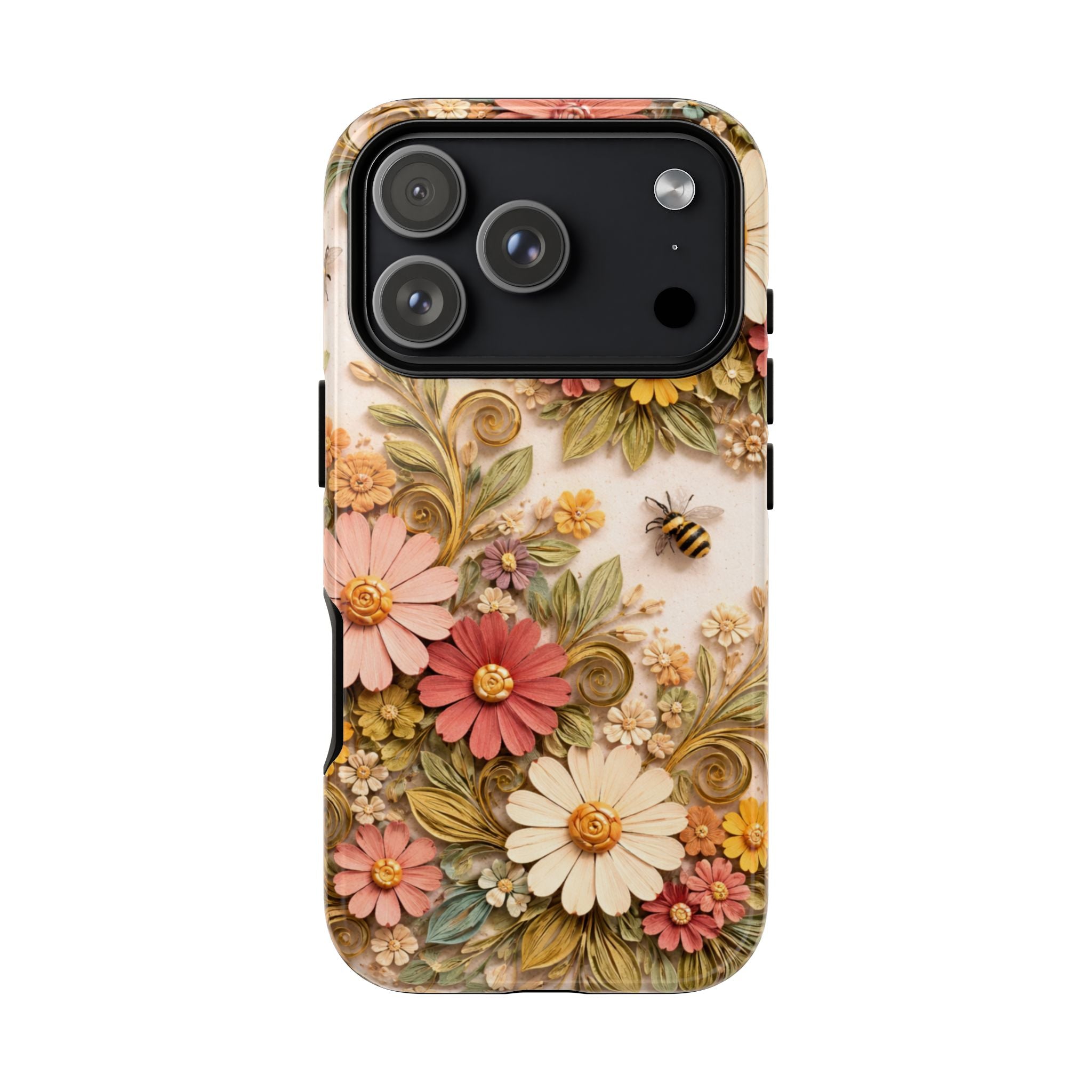 Floral Daisies Tough Phone Case — Vintage Garden Butterflies & Bees Protective Cover