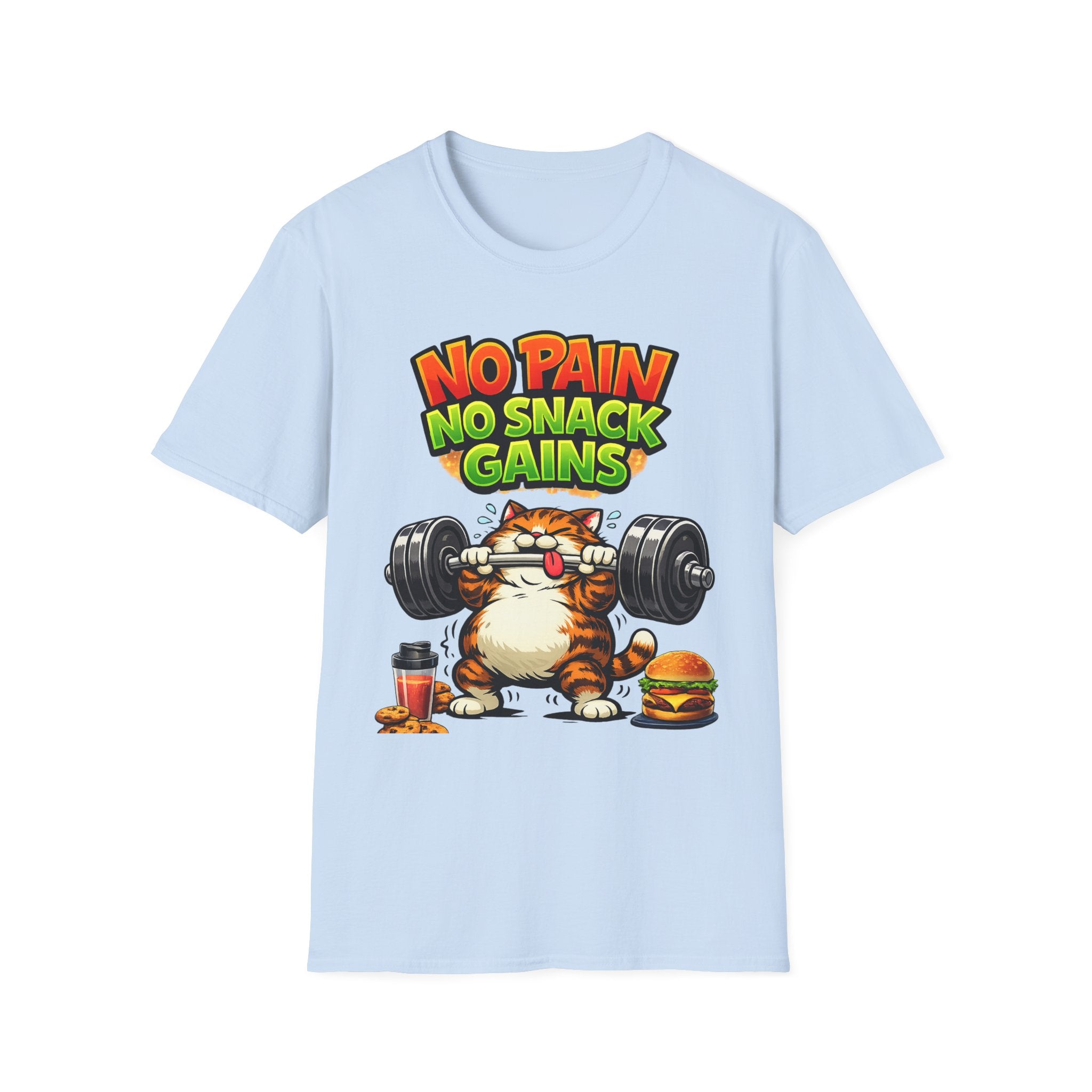 Funny Gym Cat Shirt, No Pain No Snack Gains Tee, Workout Motivation Shirt, Fitness Humor T-Shirt for Men & Women