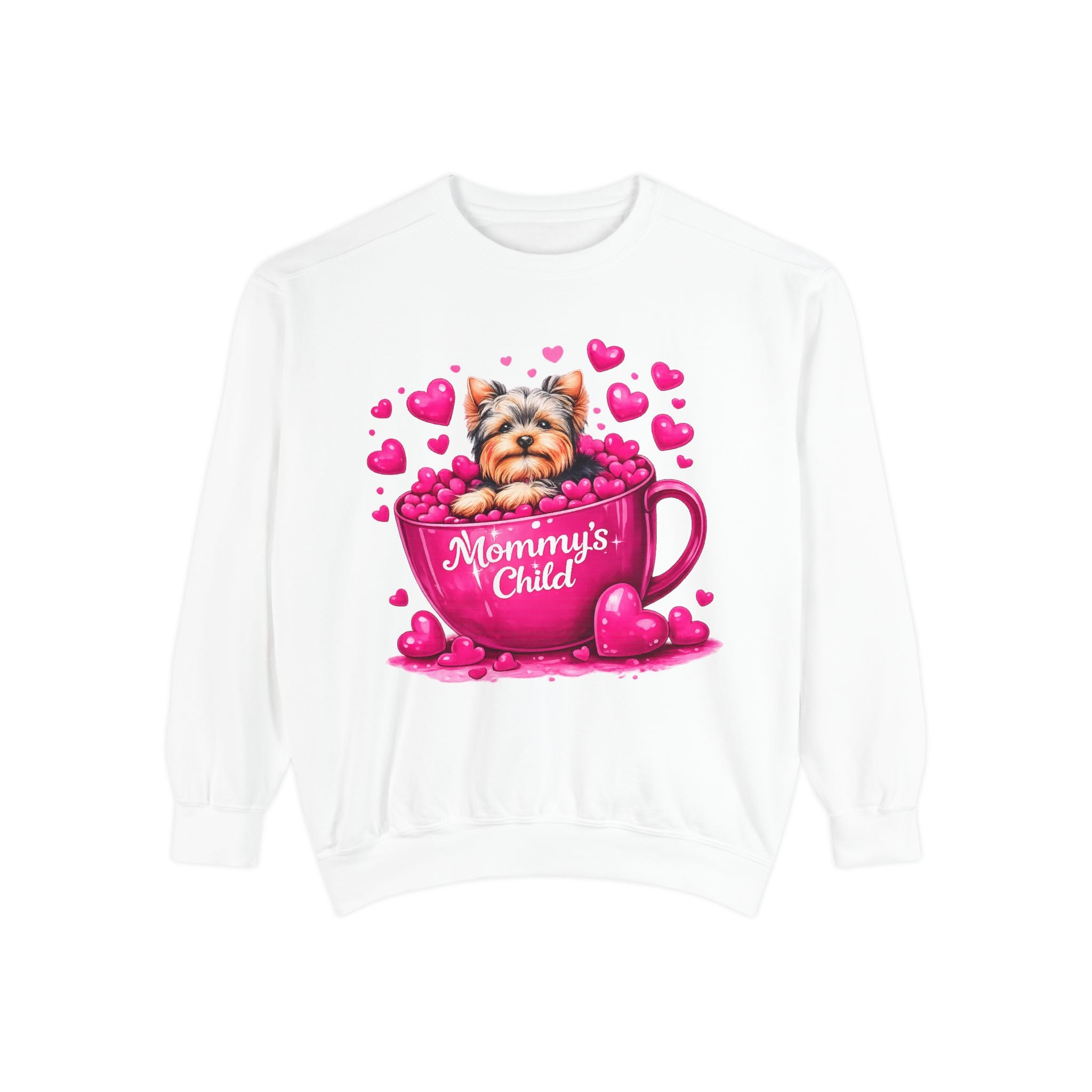 Mommy’s Child Yorkie Shirt – Cute Puppy in Mug Graphic Tee, Dog Lover Gift, Pink Heart Aesthetic, Yorkshire Terrier T-Shirt for Women