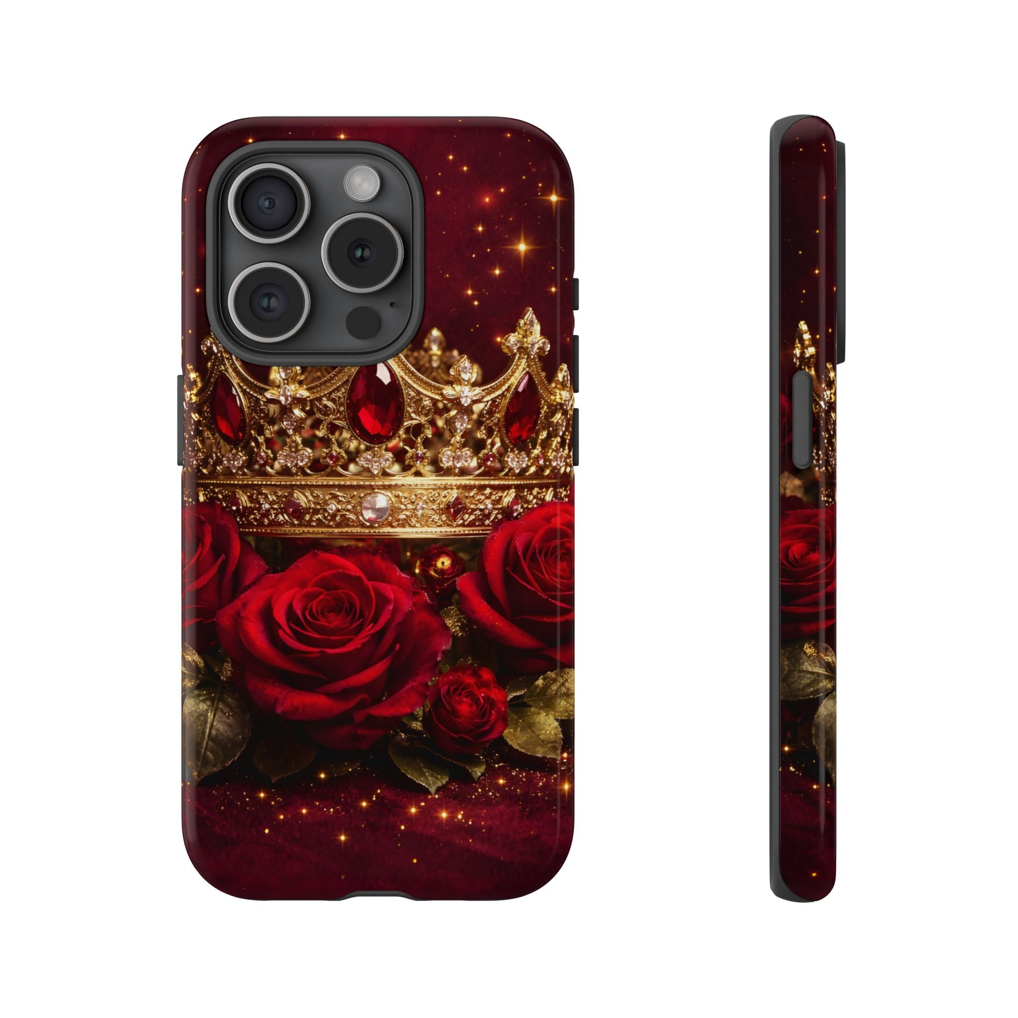 Royal Crown & Red Rose Luxury Phone Case – Gold Crown Burgundy Aesthetic iPhone Case, Regal Queen Floral Phone Cover