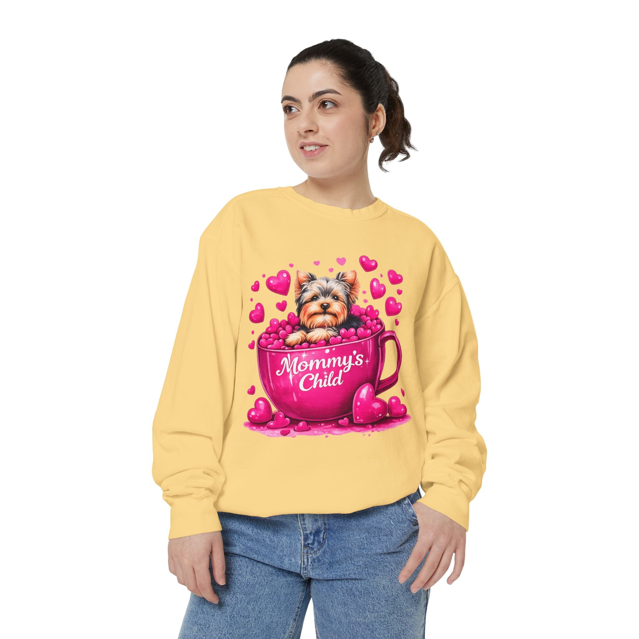 Mommy’s Child Yorkie Shirt – Cute Puppy in Mug Graphic Tee, Dog Lover Gift, Pink Heart Aesthetic, Yorkshire Terrier T-Shirt for Women