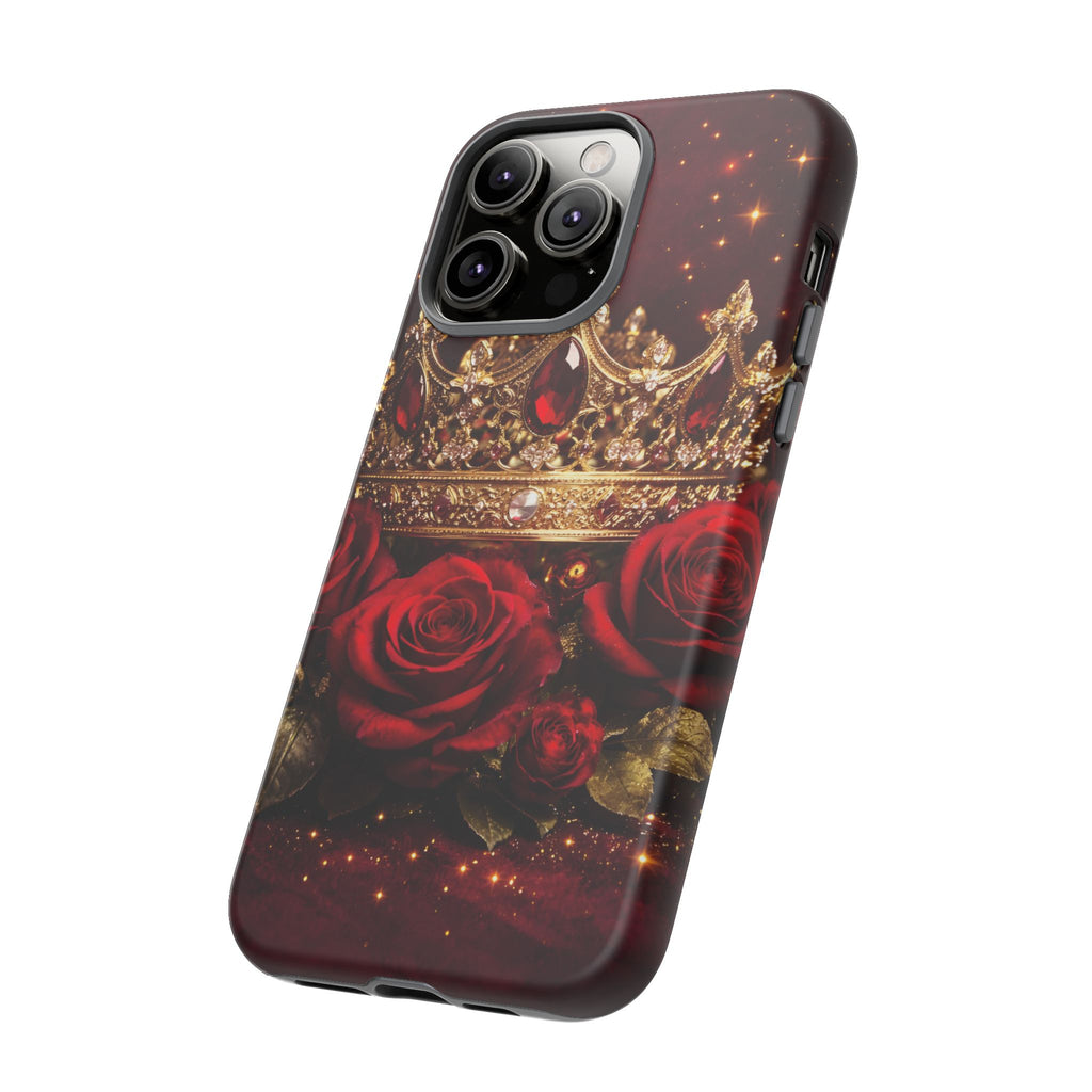 Royal Crown & Red Rose Luxury Phone Case – Gold Crown Burgundy Aesthetic iPhone Case, Regal Queen Floral Phone Cover