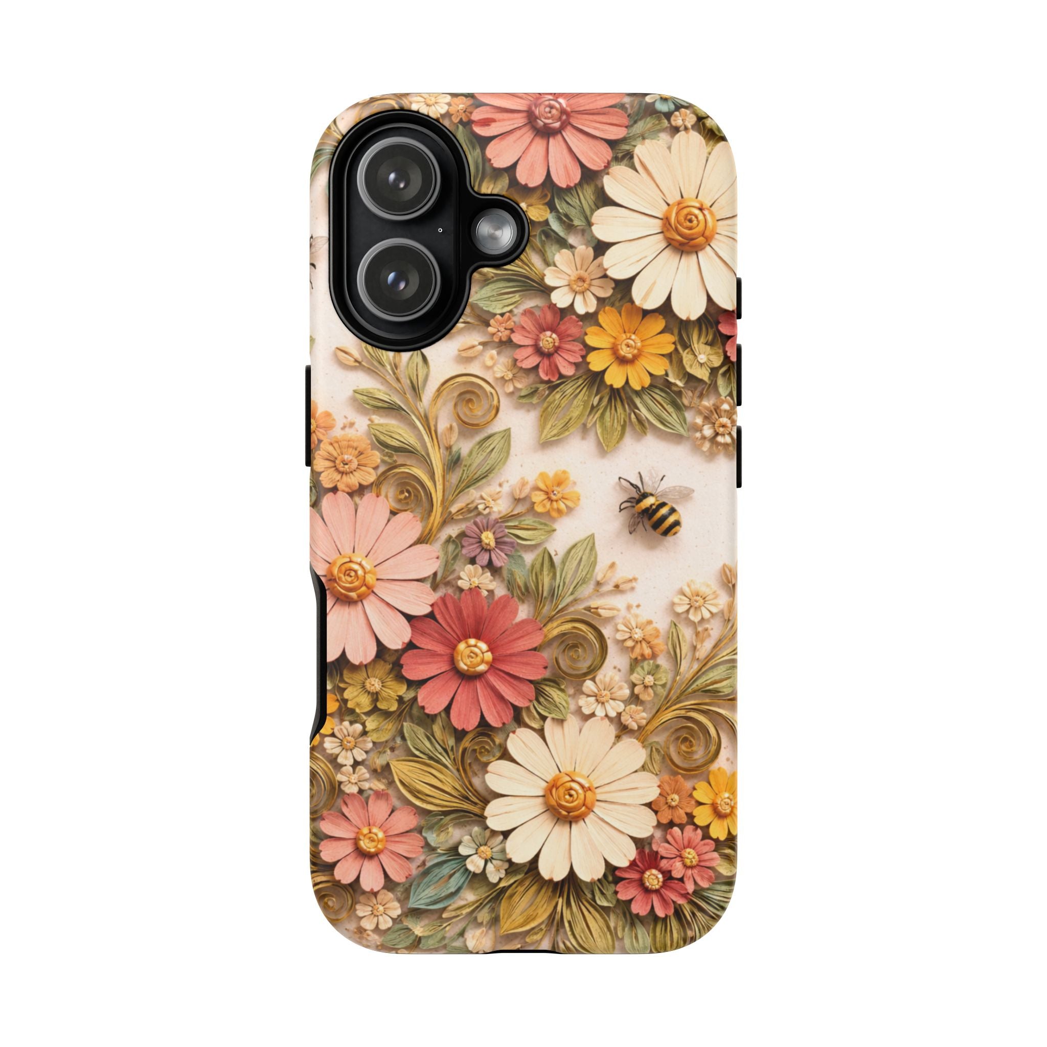 Floral Daisies Tough Phone Case — Vintage Garden Butterflies & Bees Protective Cover