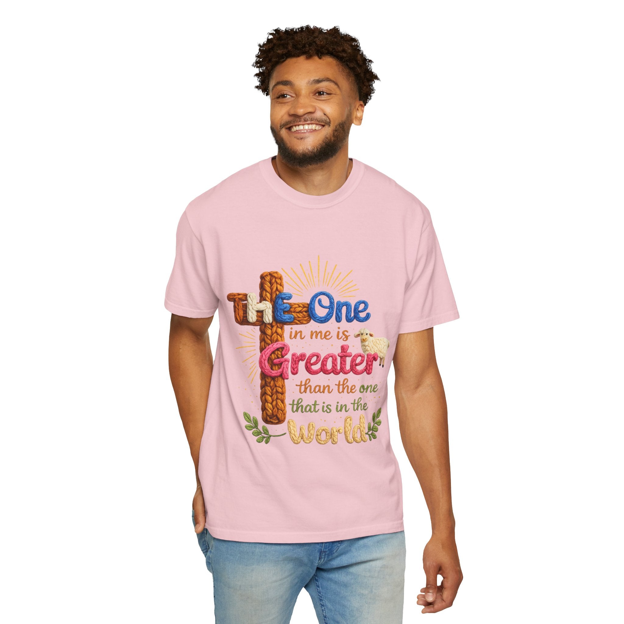 The One in Me Is Greater Shirt – Christian Crochet Style Graphic Tee, Faith Based Inspirational Bible Verse Shirt, Cute Religious Gift for Women