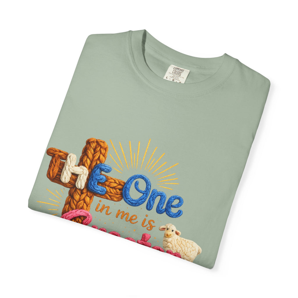 The One in Me Is Greater Shirt – Christian Crochet Style Graphic Tee, Faith Based Inspirational Bible Verse Shirt, Cute Religious Gift for Women