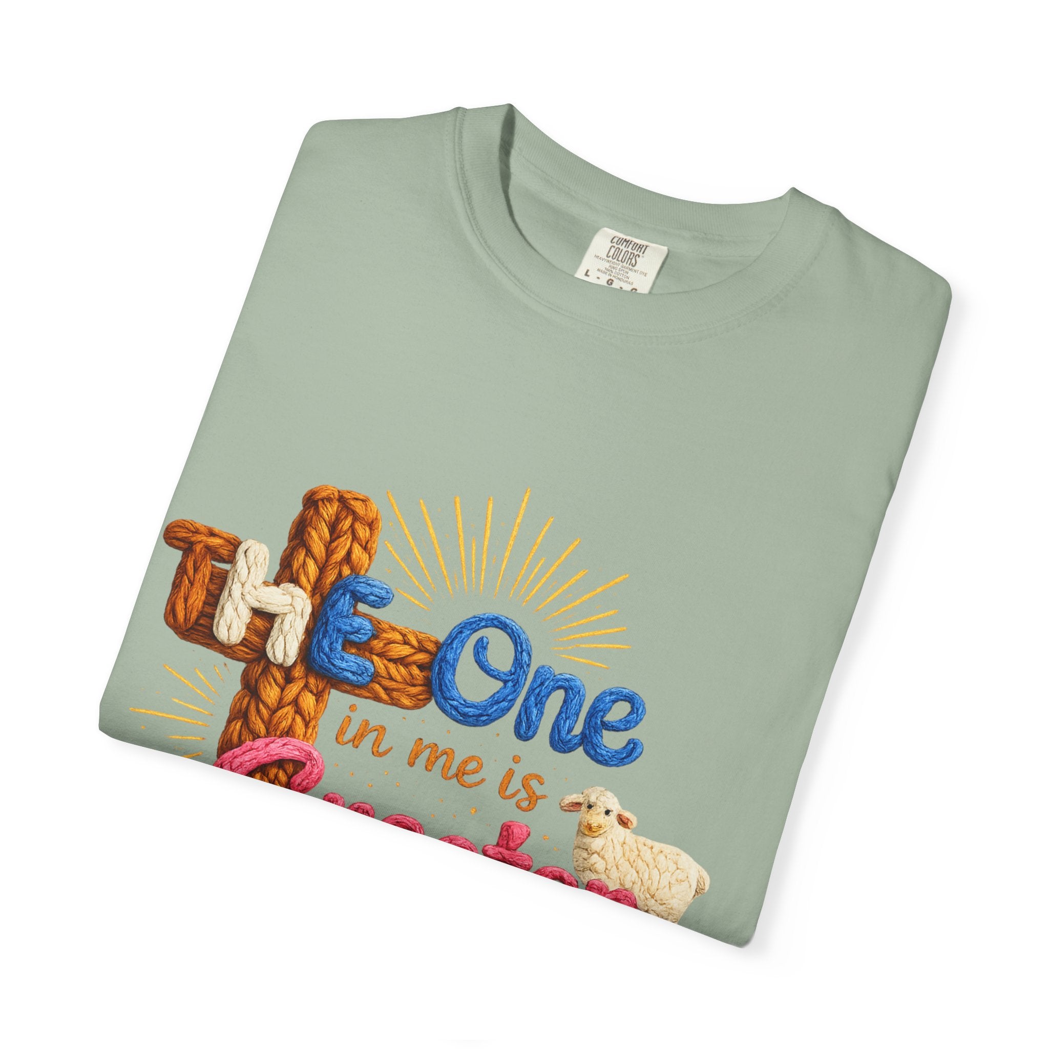 The One in Me Is Greater Shirt – Christian Crochet Style Graphic Tee, Faith Based Inspirational Bible Verse Shirt, Cute Religious Gift for Women