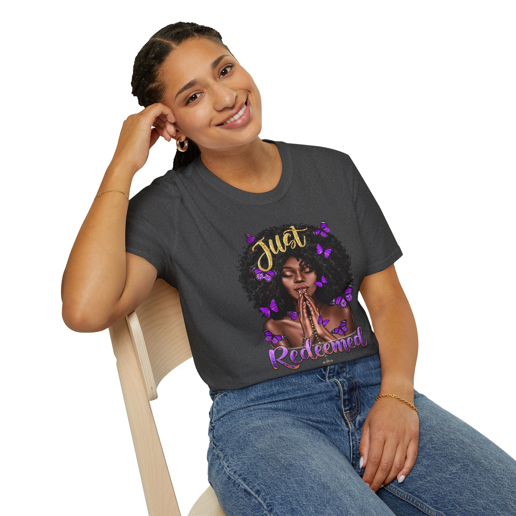 Redeemed Christian Afro Woman T-Shirt – Faith-Based Butterfly Design, Inspirational Black Woman Graphic Tee, Spiritual Gift for Women