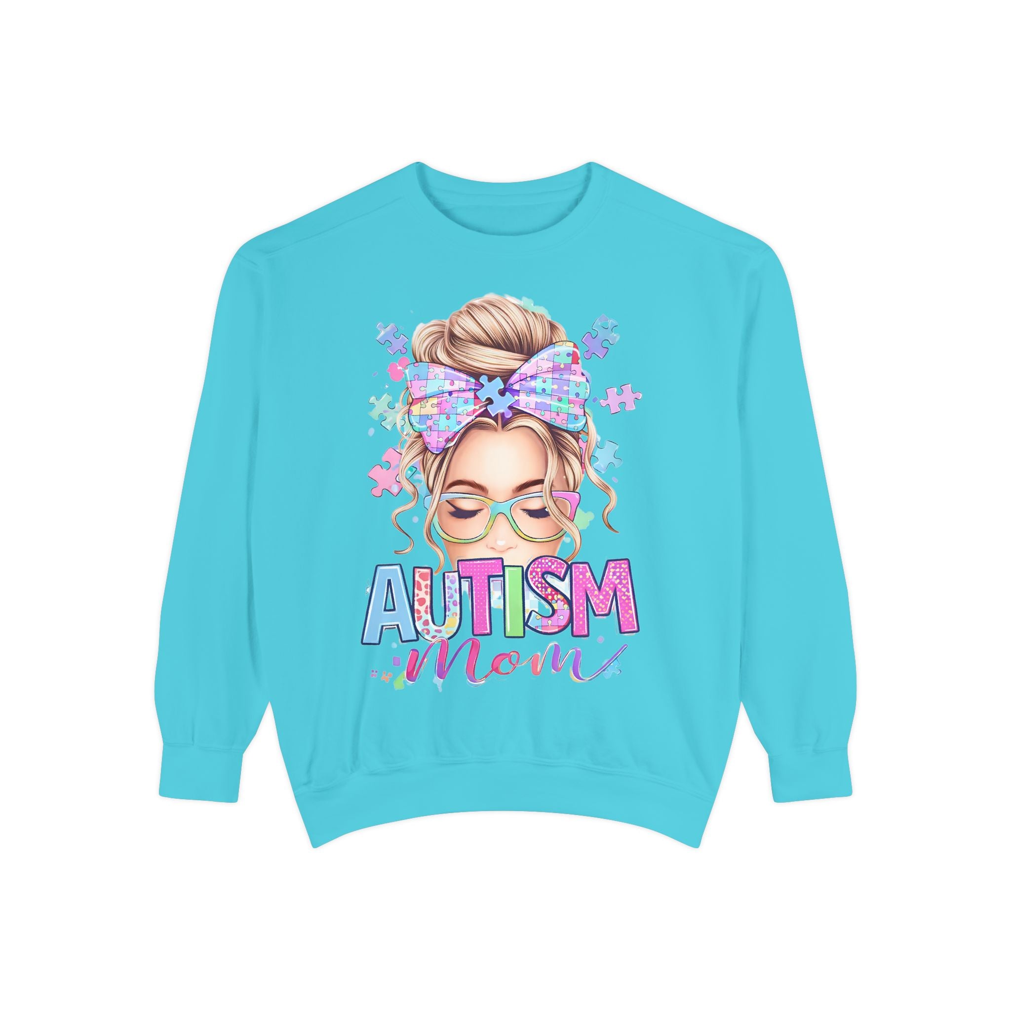 Autism Mom Sweatshirt — Puzzle-Print Headband & Pastel Logo Crewneck