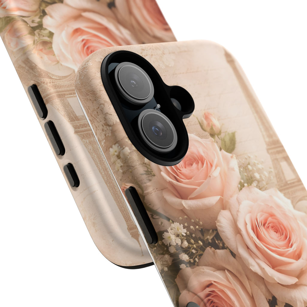 Vintage Parisian Rose Phone Case – Eiffel Tower Floral Aesthetic Luxury iPhone Case, Romantic Antique Paris Phone Cover